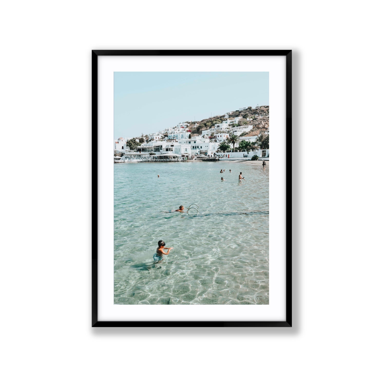 Beside The Seaside Mykonos beach Greek island wall art Extra Large fine art print in black frame with matboard