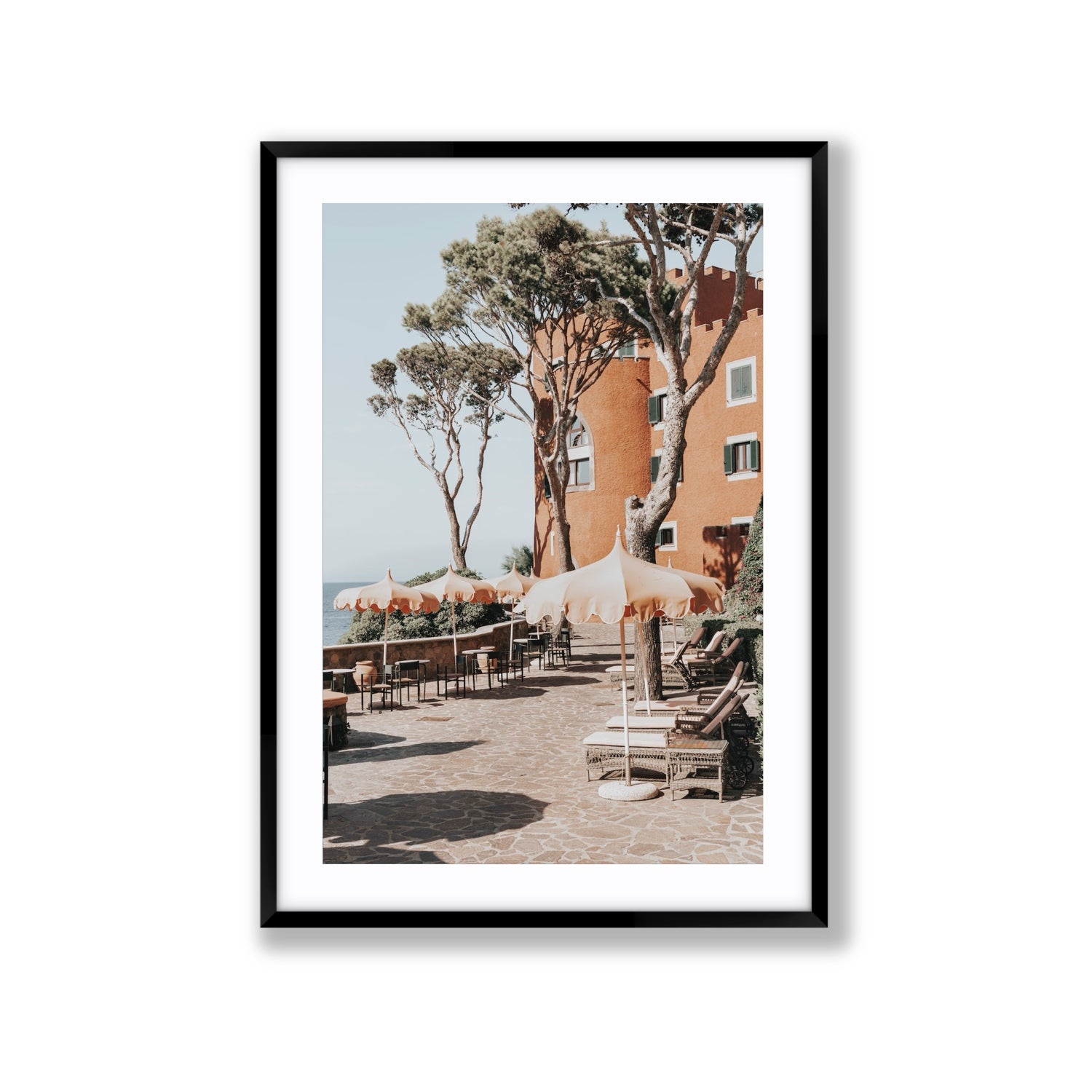 Mezzatorre Ischia Italian Mediterranean decor wall art Extra Large fine art print in black frame with matboard