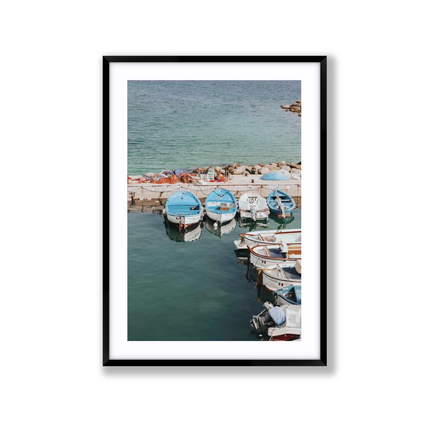 Maritime Memories Puglia Harbour Reflections coastal wall art Extra Large fine art print in black frame with matboard