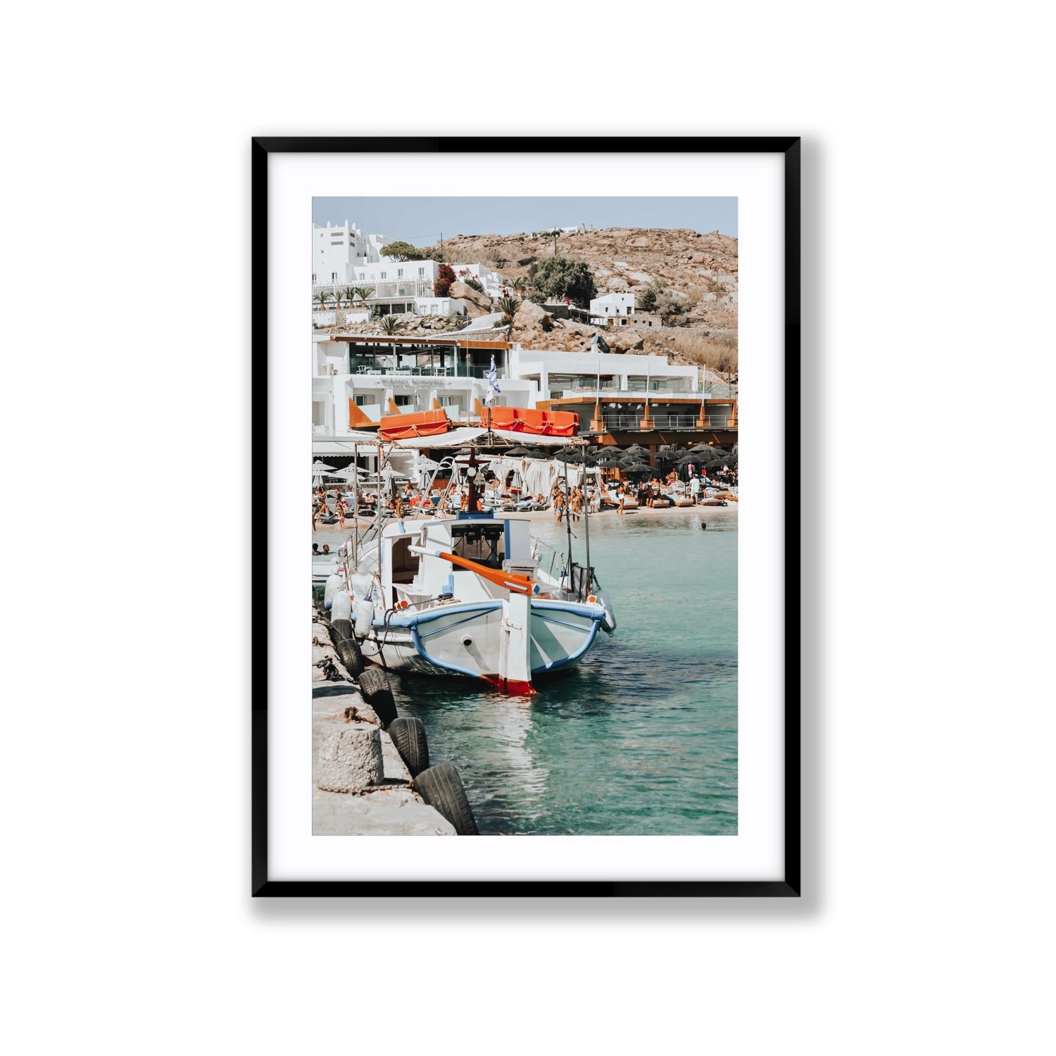 Travel In Style Mykonos Greek island wall art Extra Large fine art print in black frame with matboard