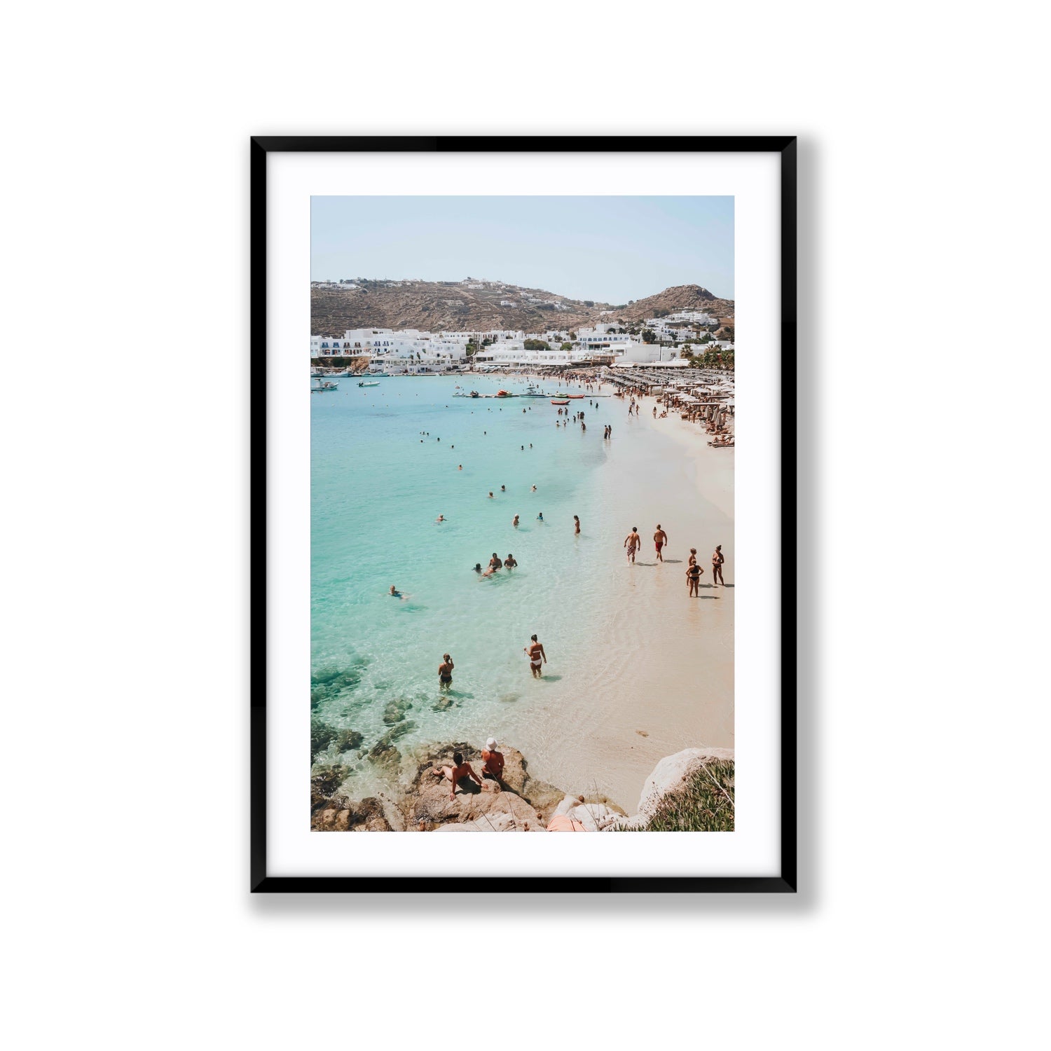 Breathe In The Salty Air Mykonos Greek island wall art Extra Large fine art print in black frame with matboard