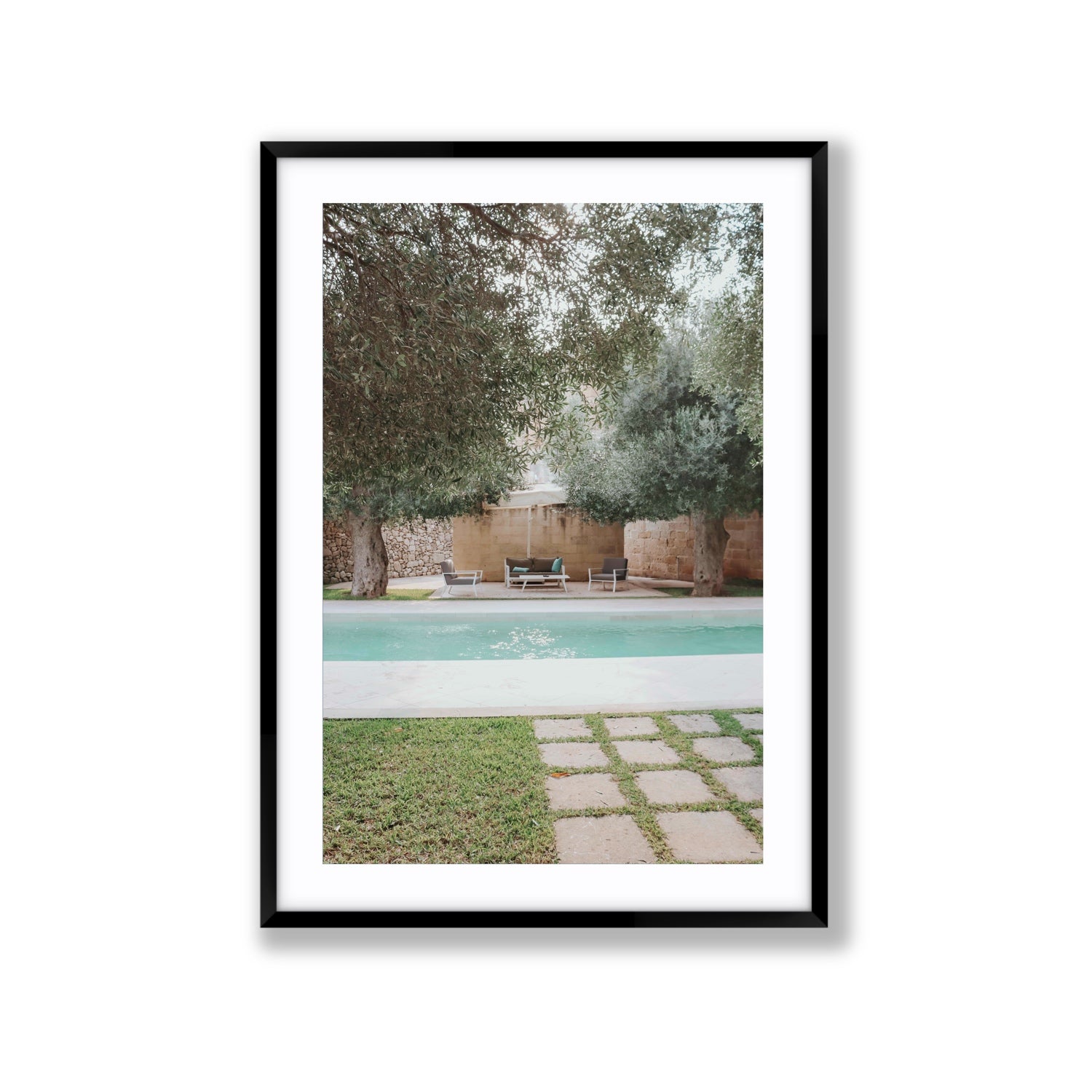 Idyllic Escape Puglia Mediterranean wall art Extra Large fine art print in black frame with matboard