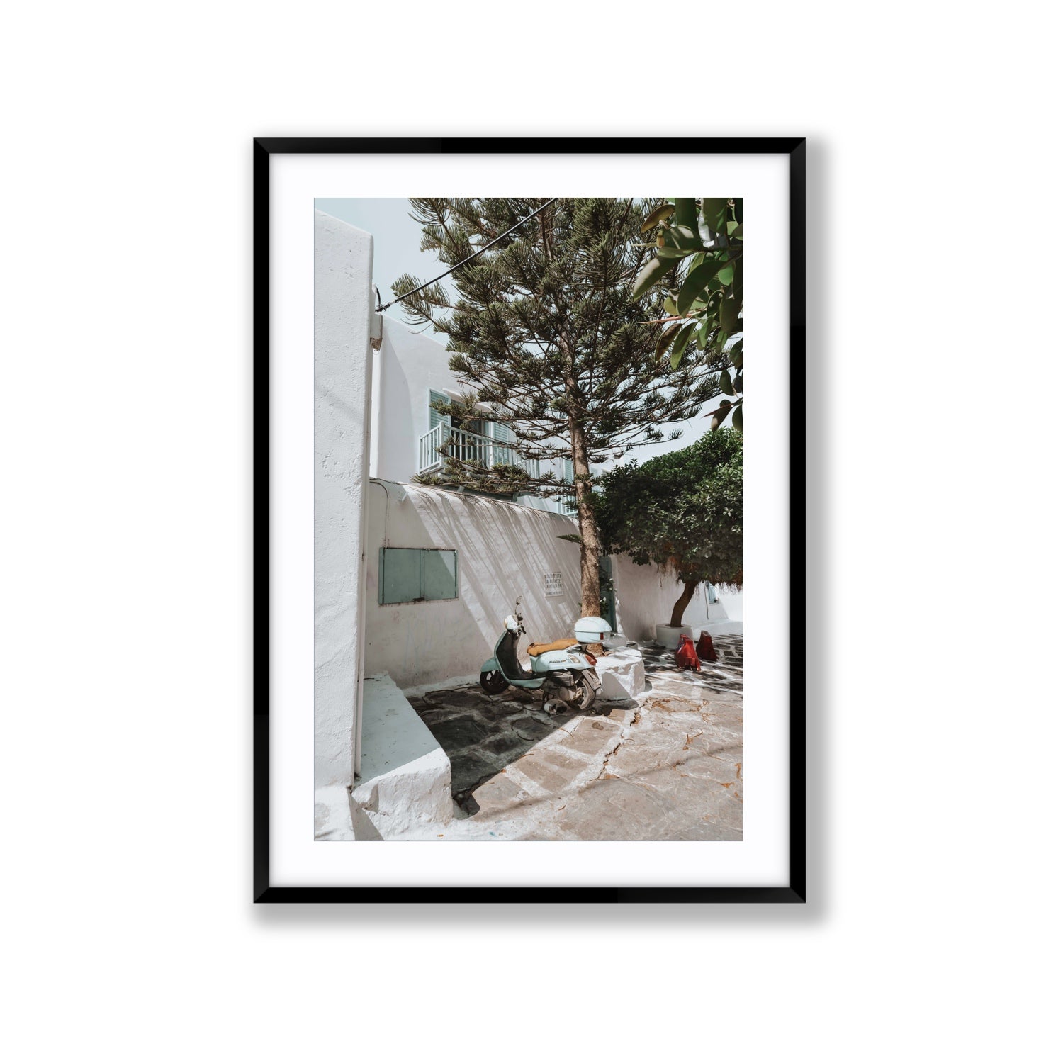 The Getaway Mykonos Mediterranean Greek island art print Extra Large fine art print in black frame with matboard