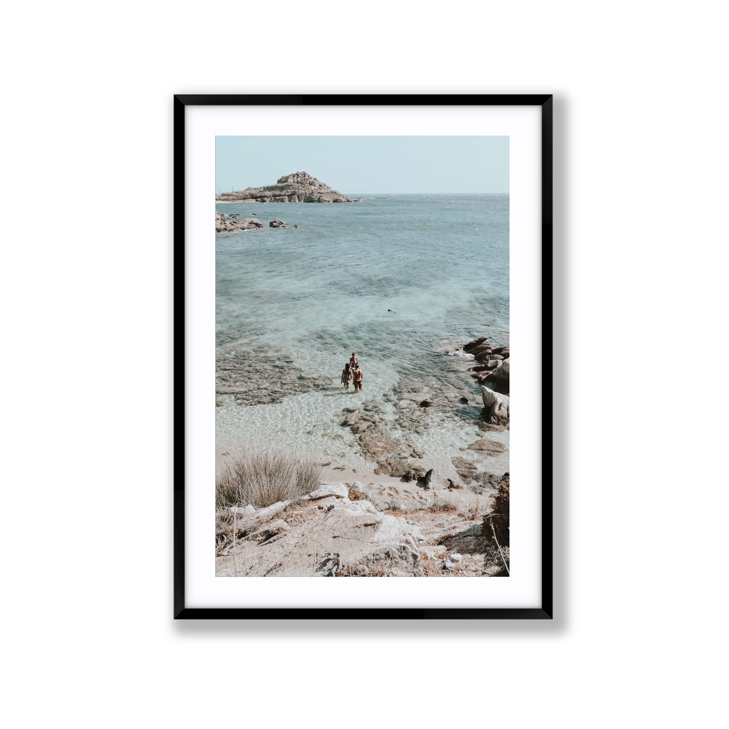 Island Life Mykonos coastal Greek island wall art Extra Large fine art print in black frame with matboard