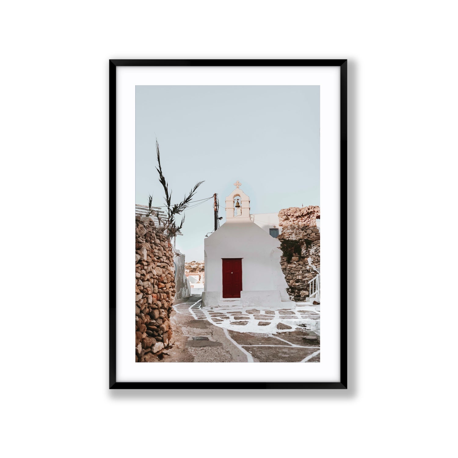 Little Chapel Mykonos Greek island wall art Extra Large fine art print in black frame with matboard