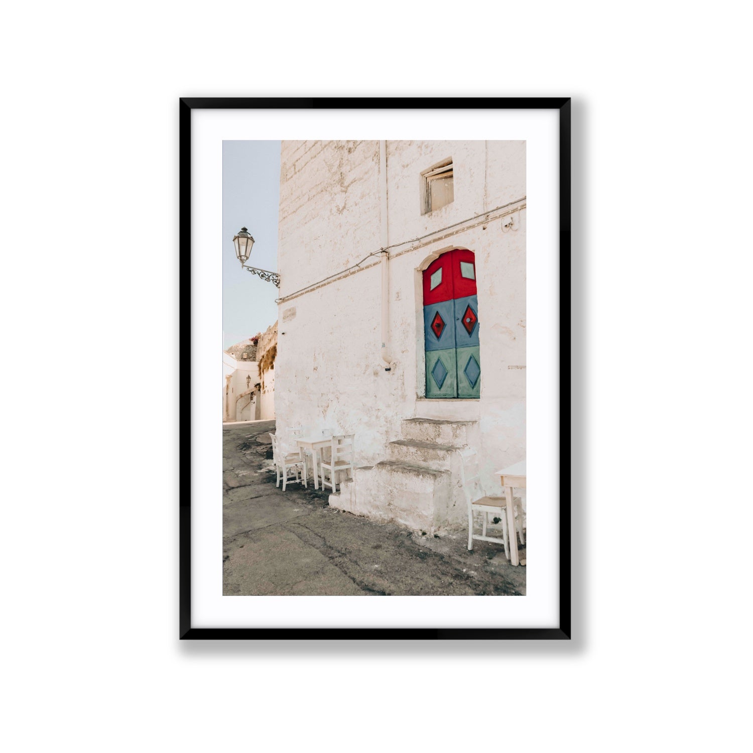 Doorway Delight Puglia Ostuni wall art Extra Large fine art print in black frame with matboard