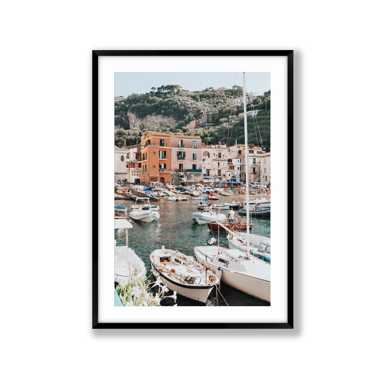 Marina Grande Sorrento coastal Italian wall art Extra Large fine art print in black frame with matboard