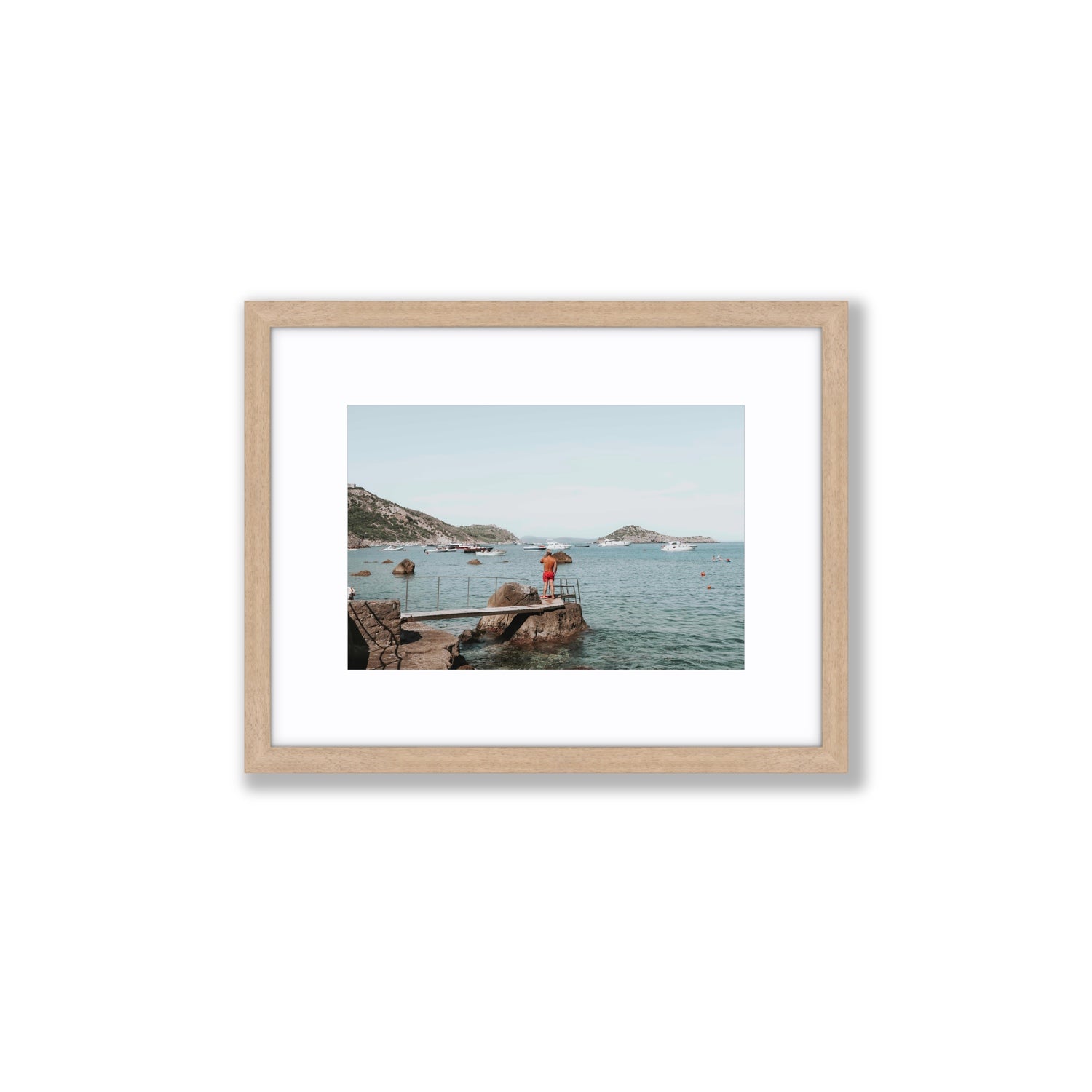 Out Of Office Tuscany coastal Italian wall art Small fine art print in natural oak frame with matboard