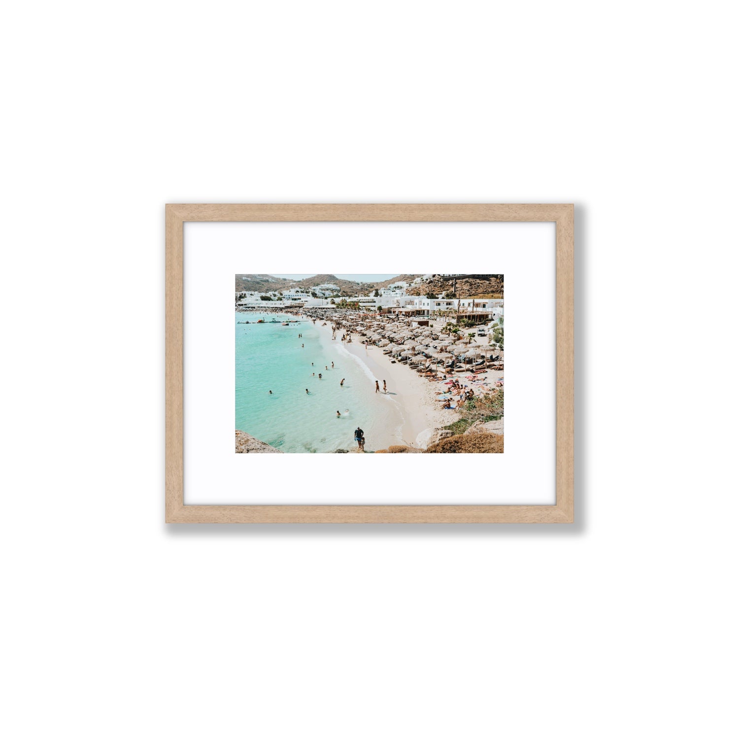 Aquaholic Mykonos Greek island wall art Small fine art print in natural oak frame with matboard