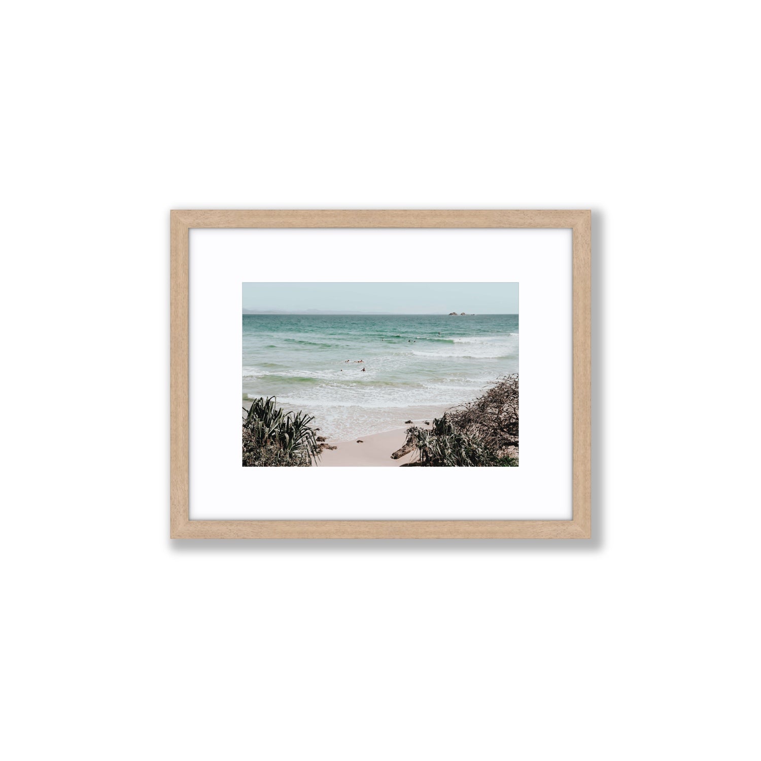 Surf City Byron Bay Surf coastal wall art Small fine art print in natural oak frame with matboard