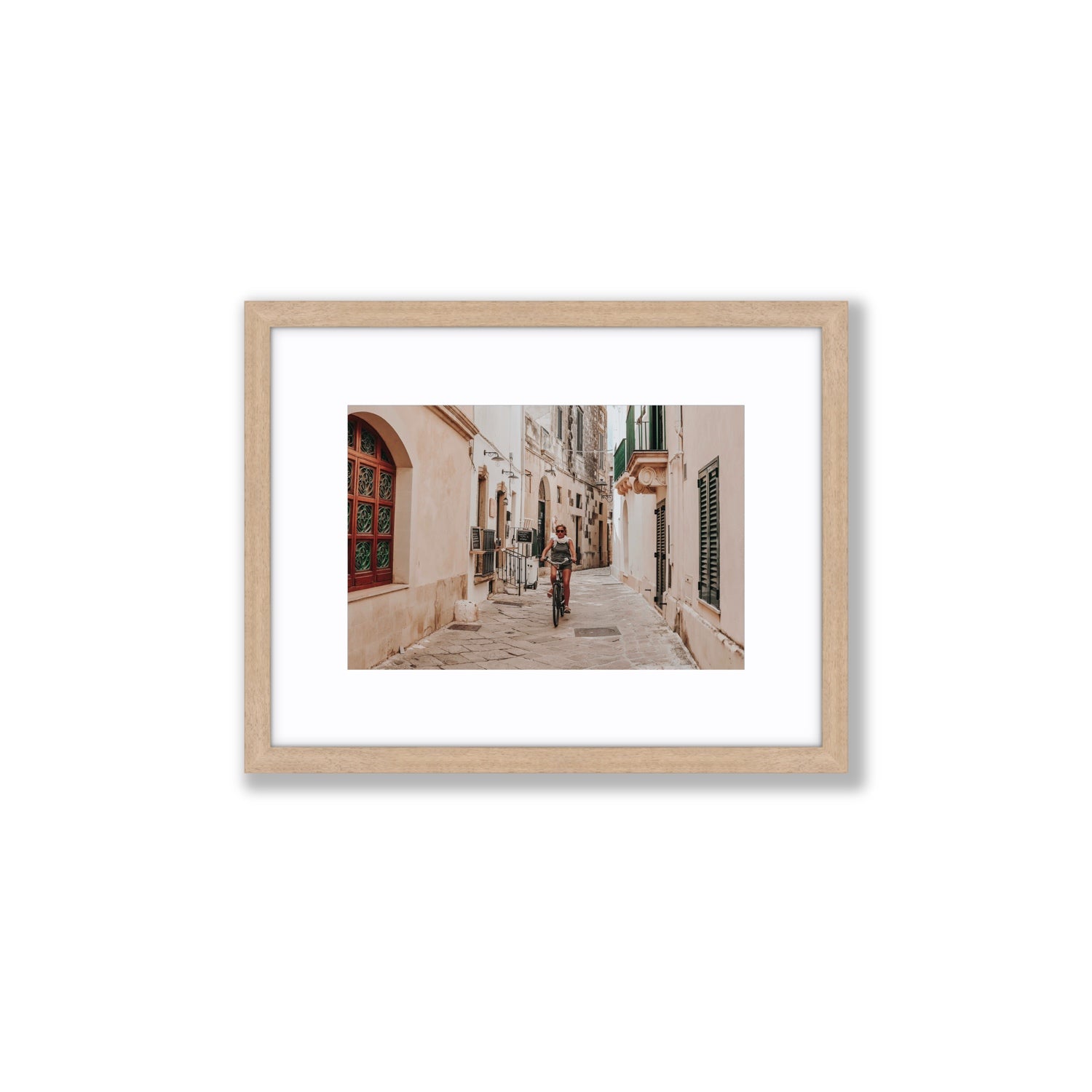 La Donna In Bicicletta Puglia Wall Italian fine art print Small fine art print in natural oak frame with matboard