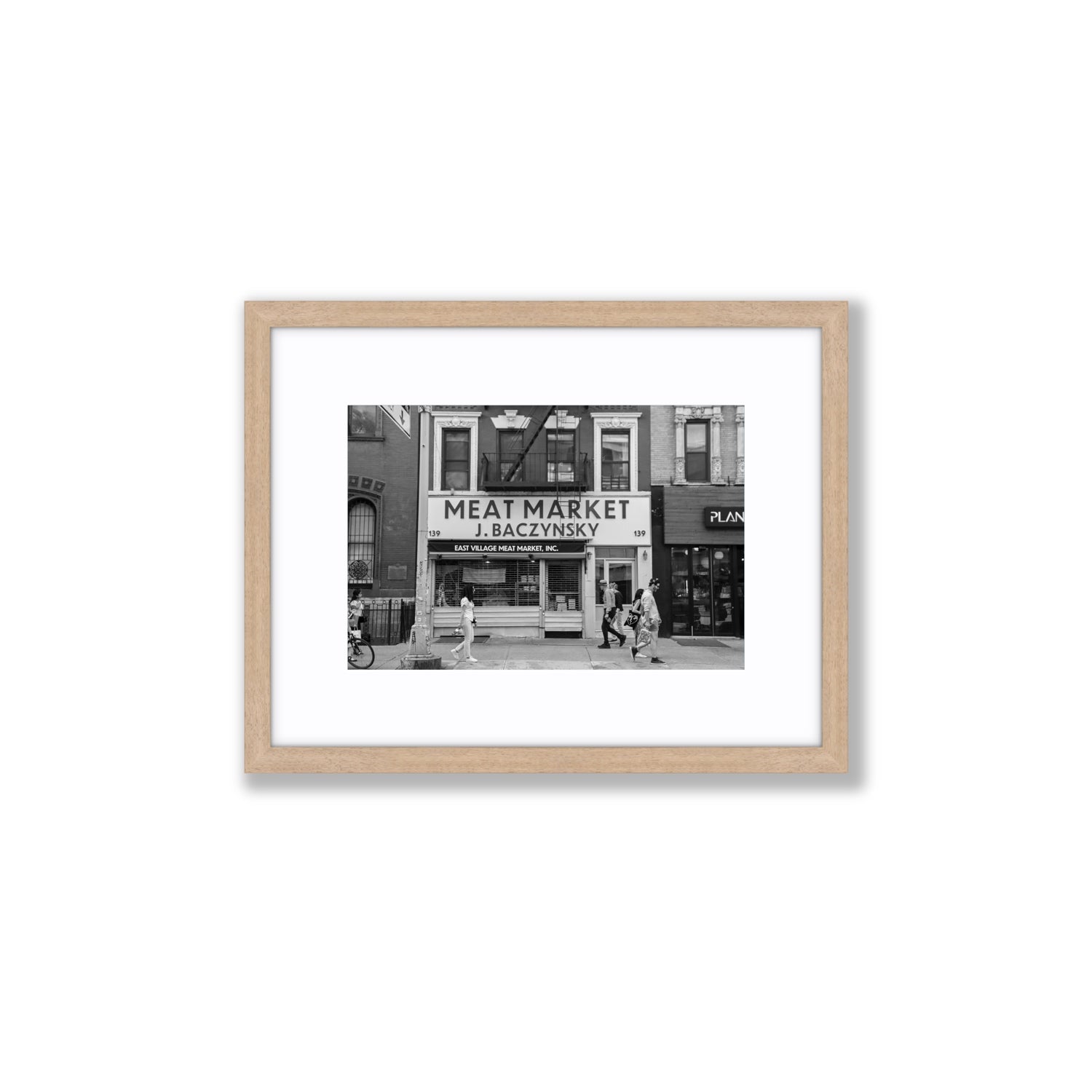 Meat District New York NYC Black & White wall art Small fine art print in natural oak frame with matboard