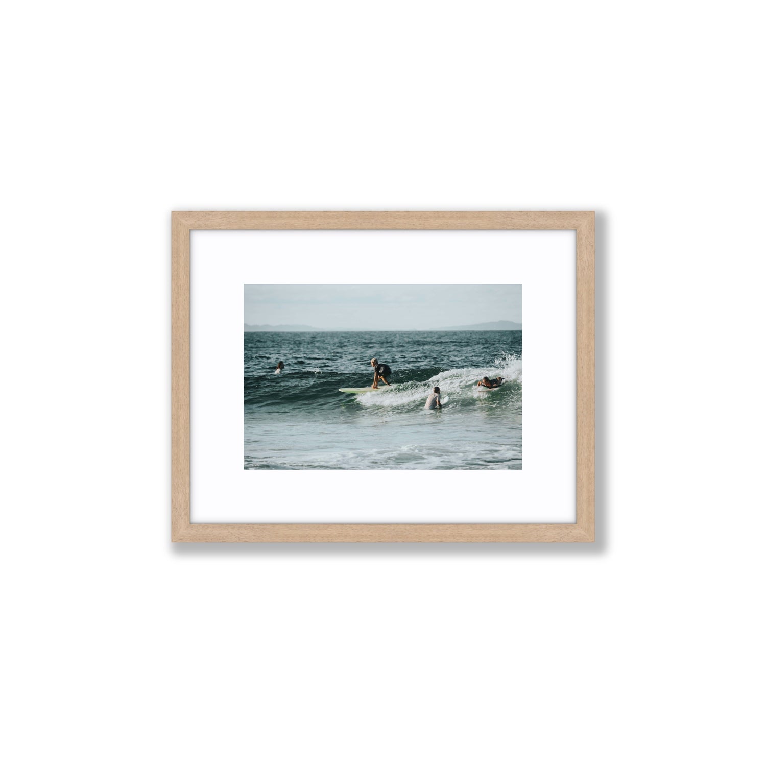 The Boys of Summer Byron Bay Surf coastal wall art Small fine art print in natural oak frame with matboard