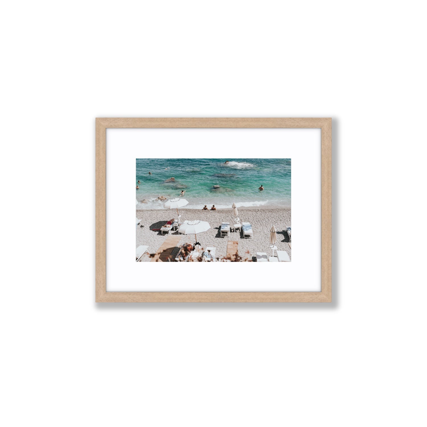 Amicizia Amalfi Italian beach wall art Small fine art print in natural oak frame with matboard