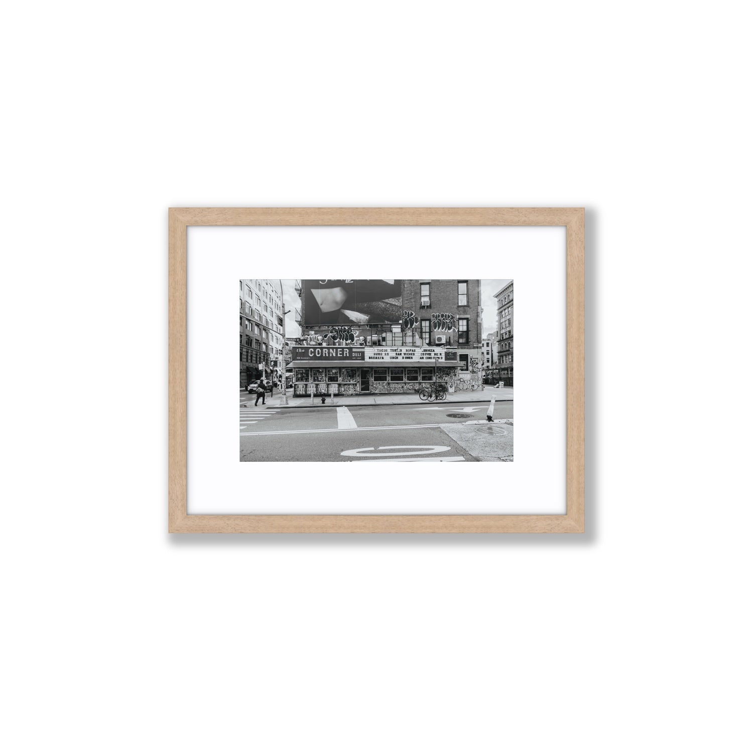 Kenmare Street New York NYC Black & White wall art Small fine art print in natural oak frame with matboard