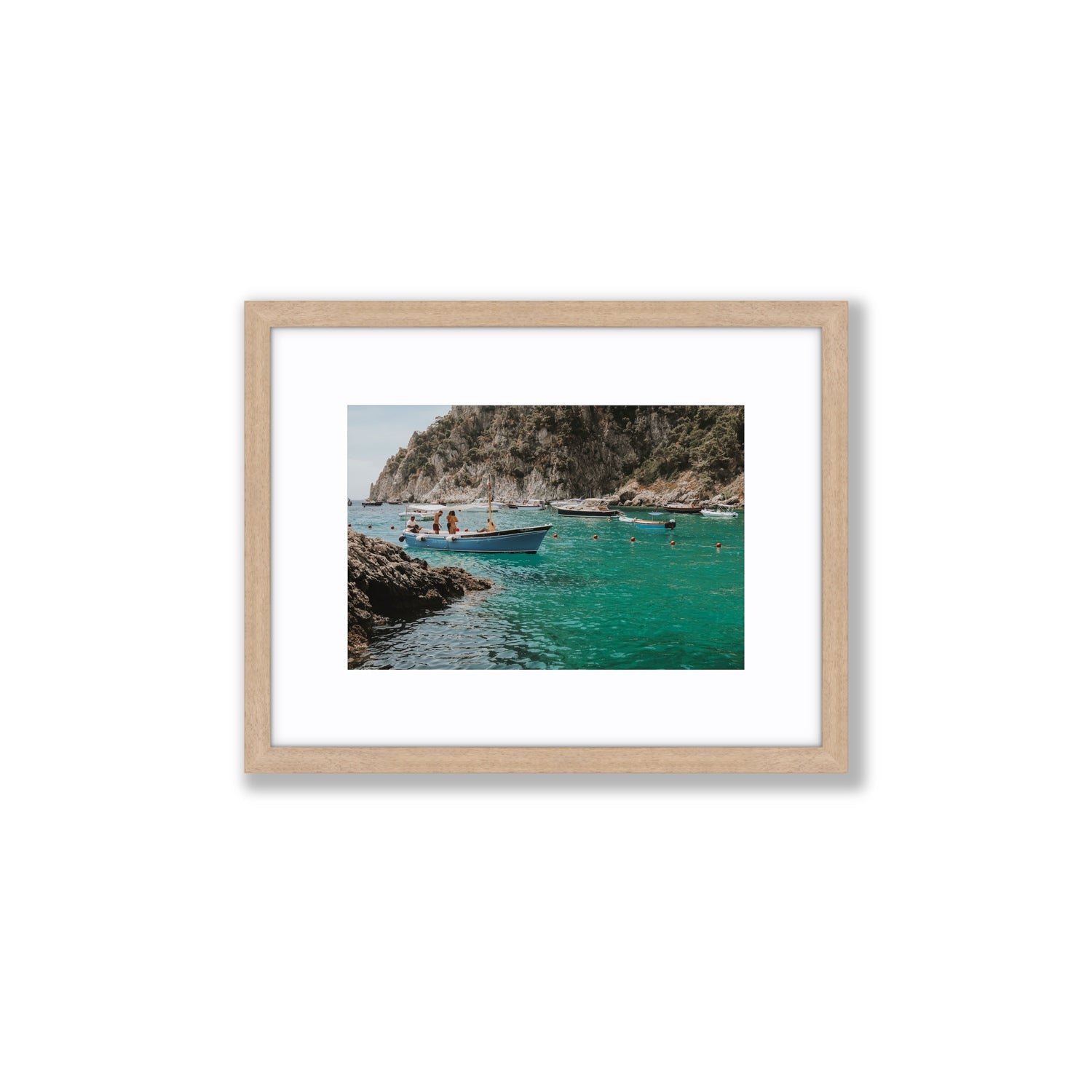 Cozy Cove Capri coastal Mediterranean wall art Small fine art print in natural oak frame with matboard