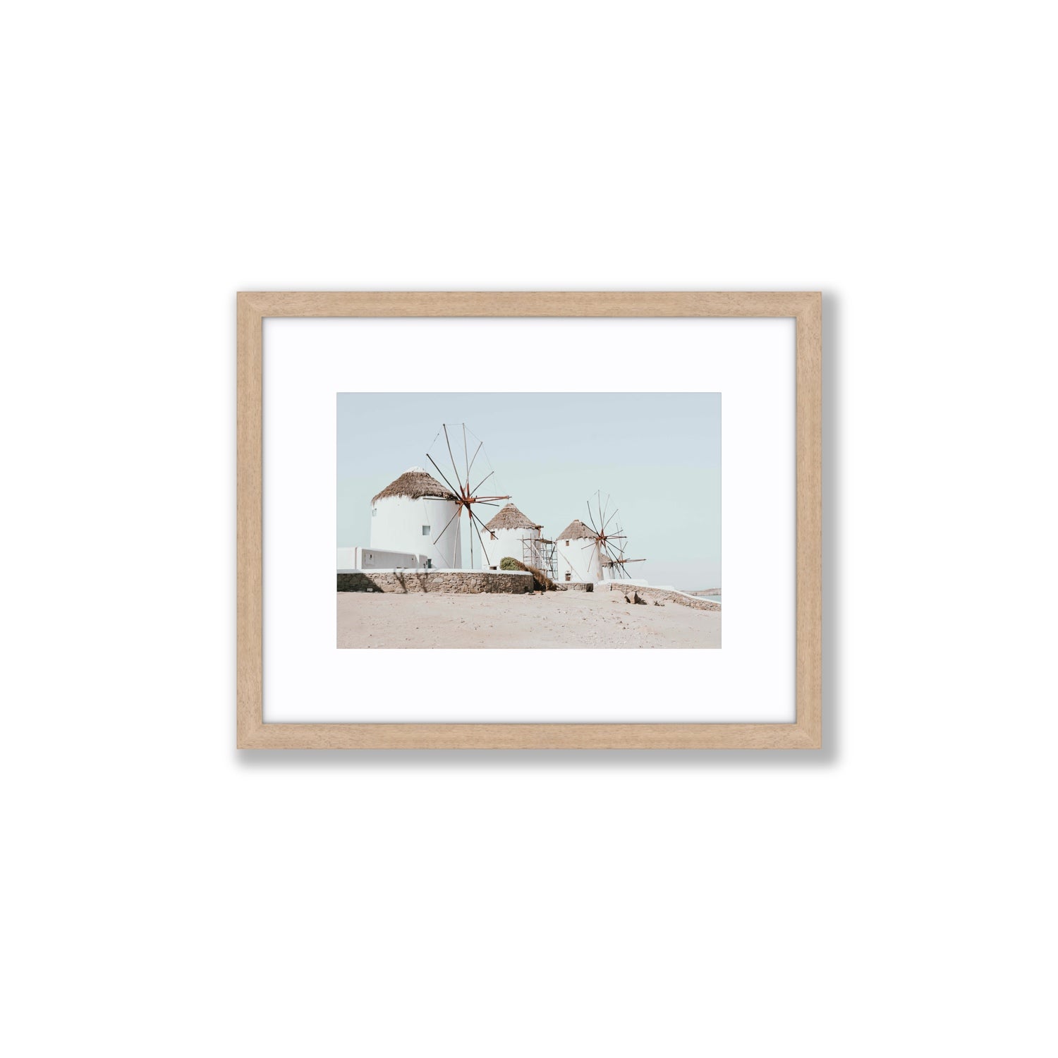 Rustic Icons Mykonos Greek island wall art Small fine art print in natural oak frame with matboard