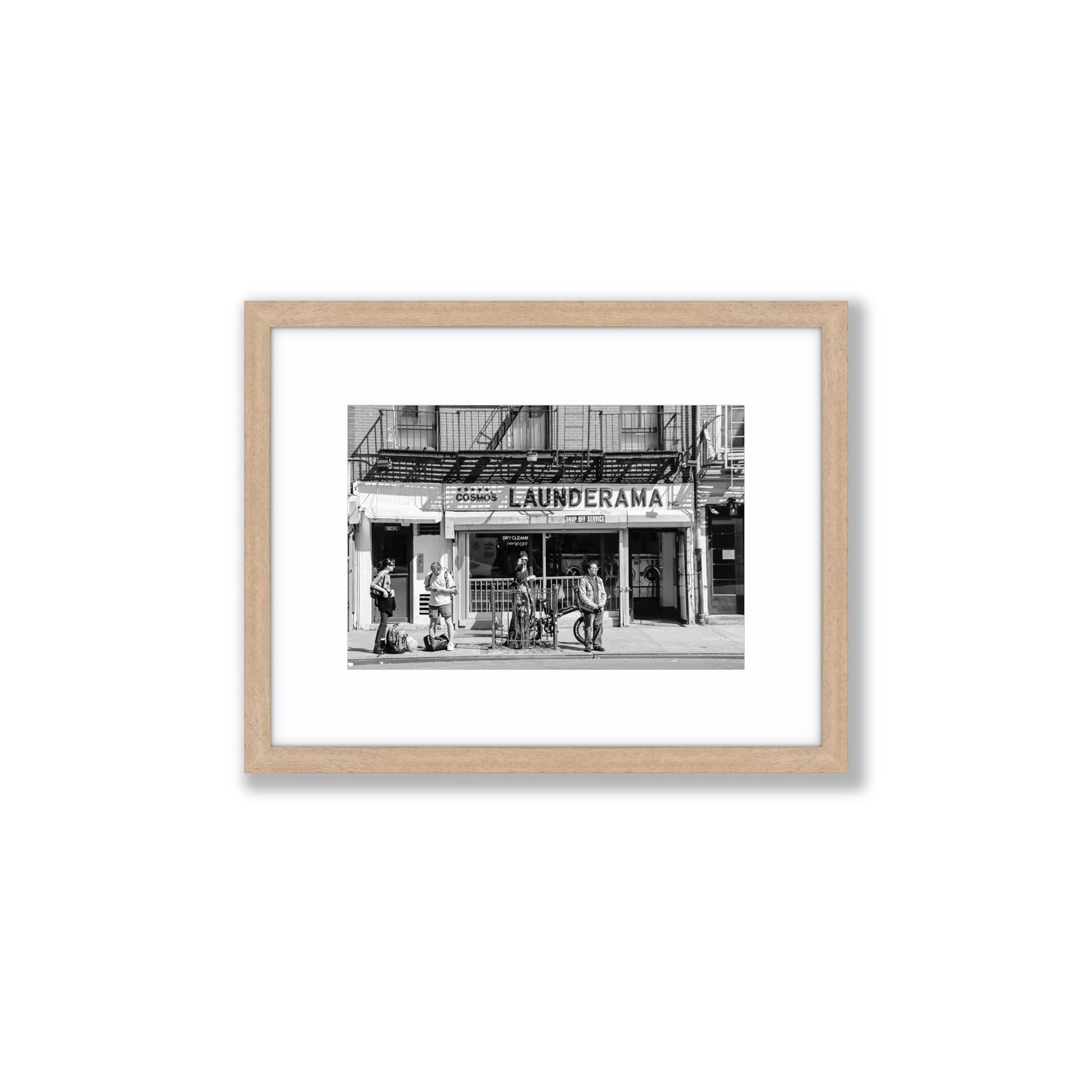 Launderama New York NYC Black & White wall art Small fine art print in natural oak frame with matboard