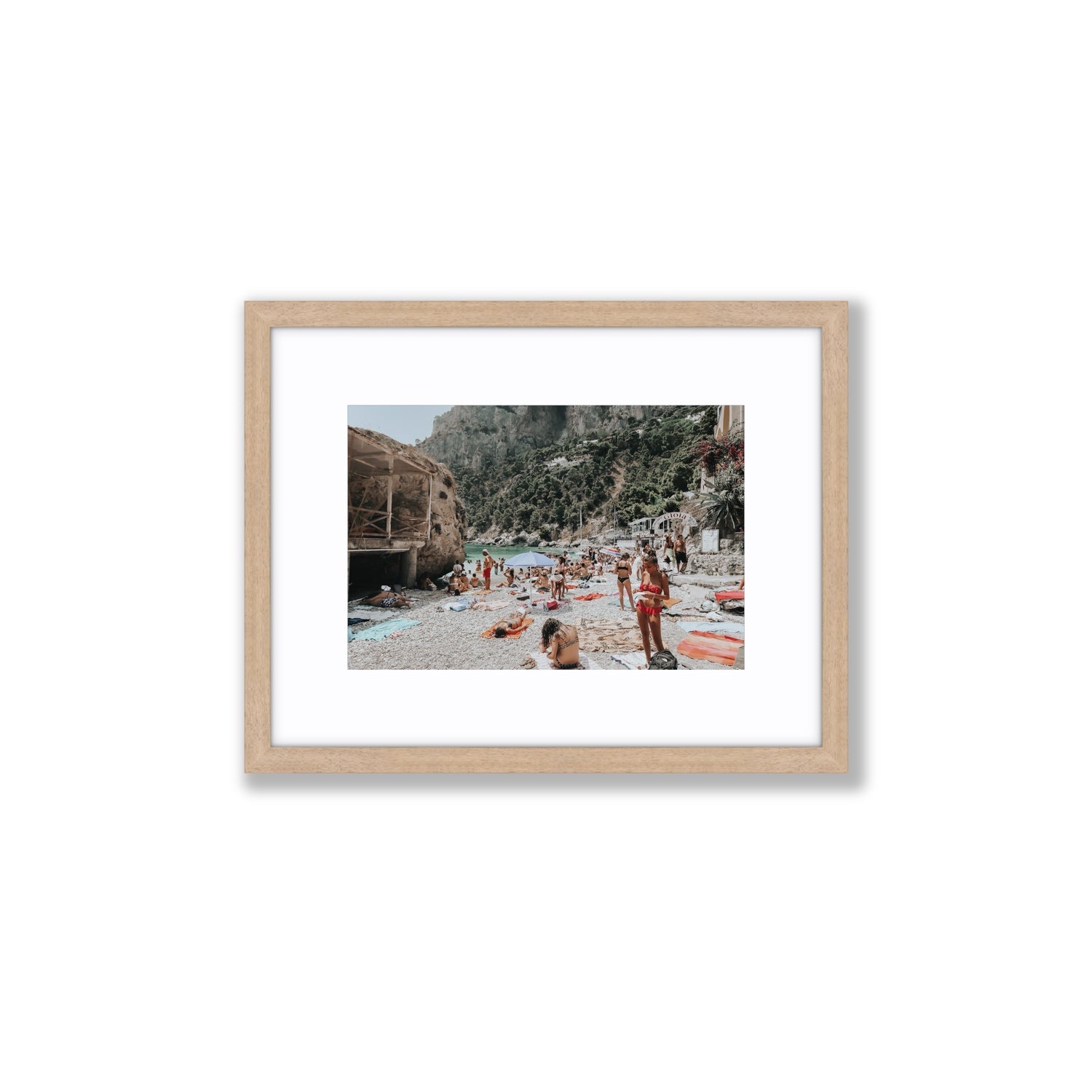 Spiaggia Da Gioia Capri beach coastal wall art Small fine art print in natural oak frame with matboard