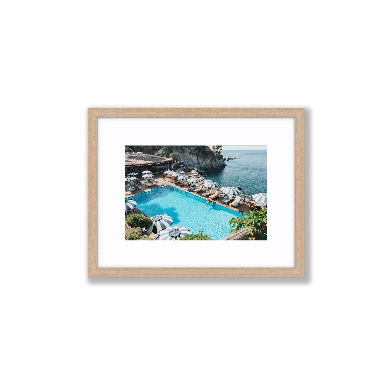 Oceanview Ischia Italian coastal wall art Small fine art print in natural oak frame with matboard