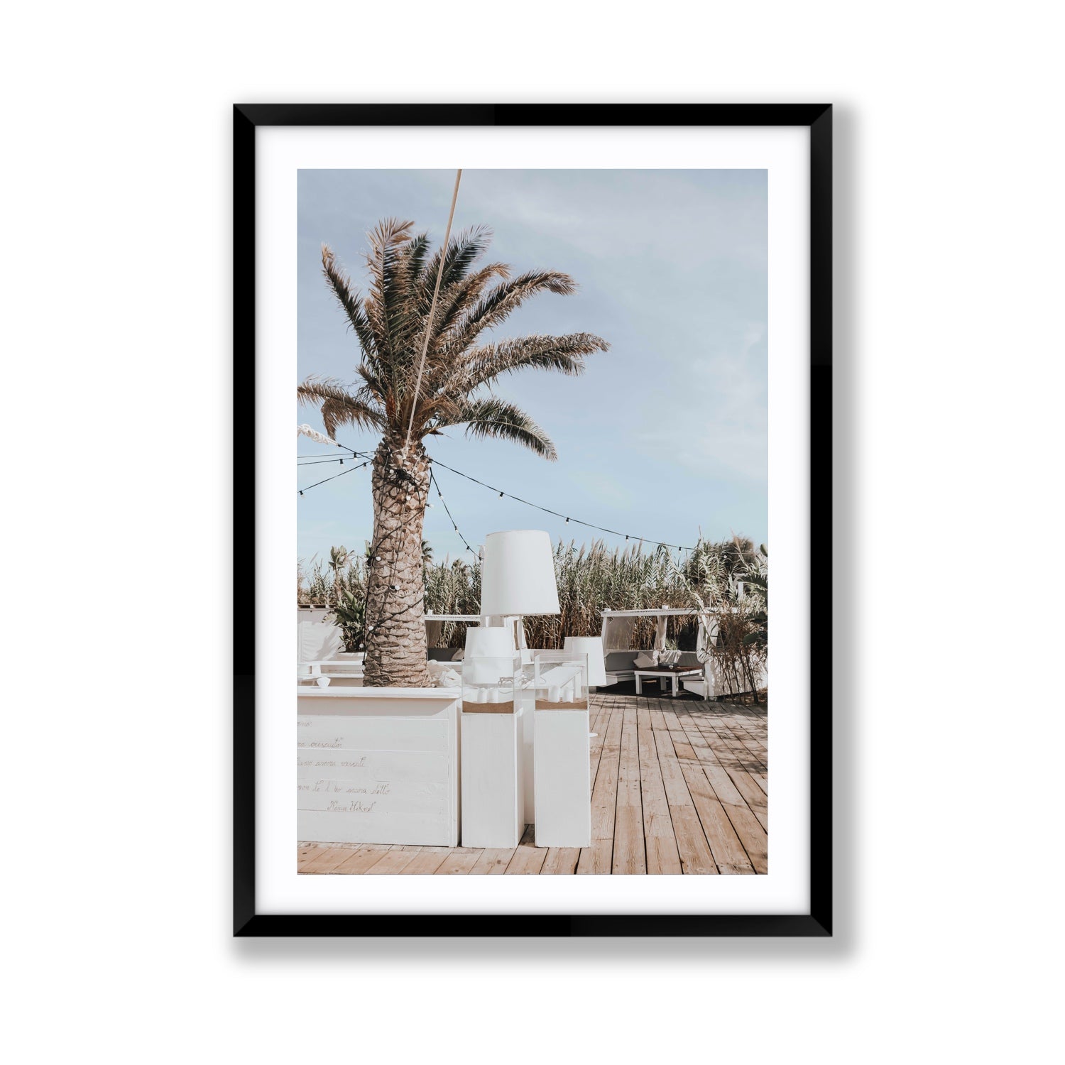 Seabreeze Palm Puglia coastal beach wall art Giant fine art print in black frame with matboard