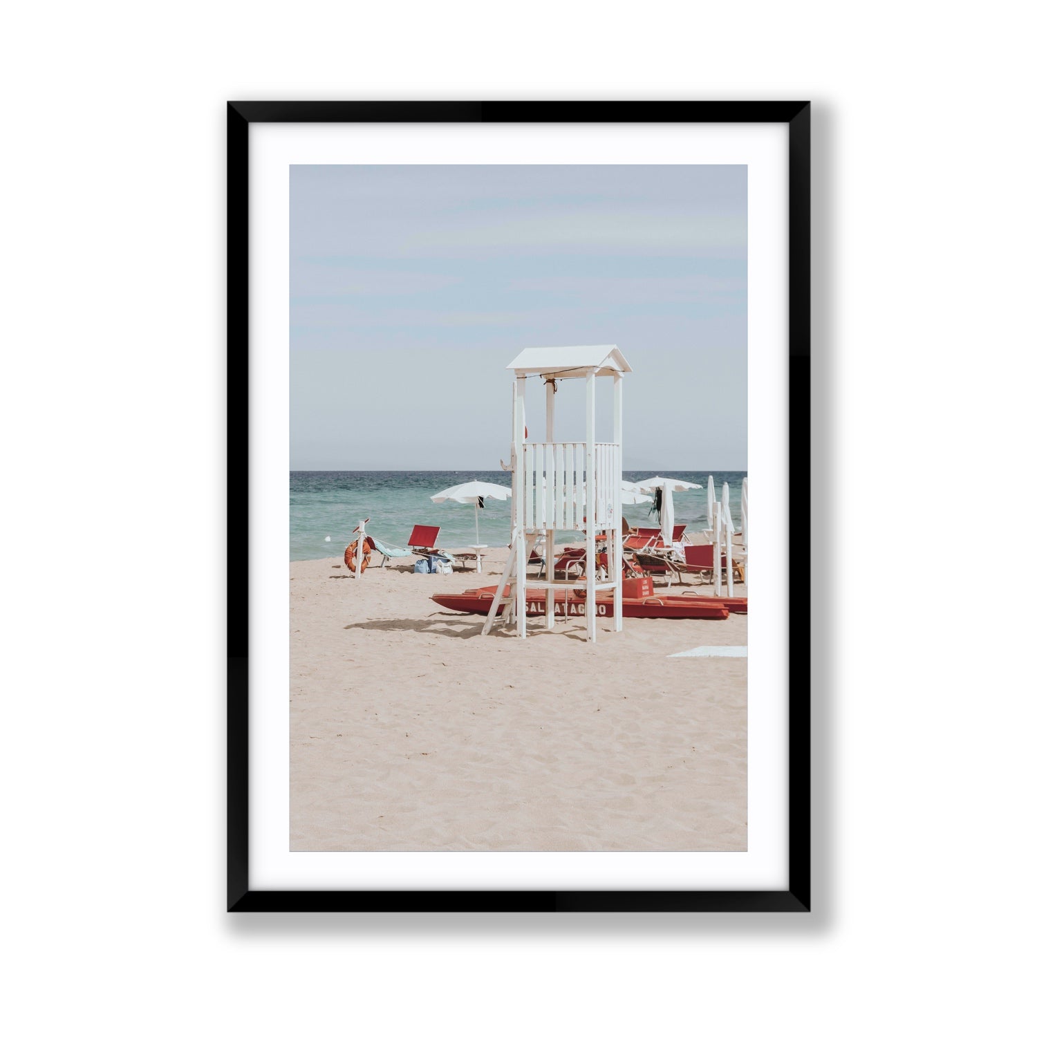 Barefoot Bliss Puglia beach Italian coastal decor wall art Giant fine art print in black frame with matboard