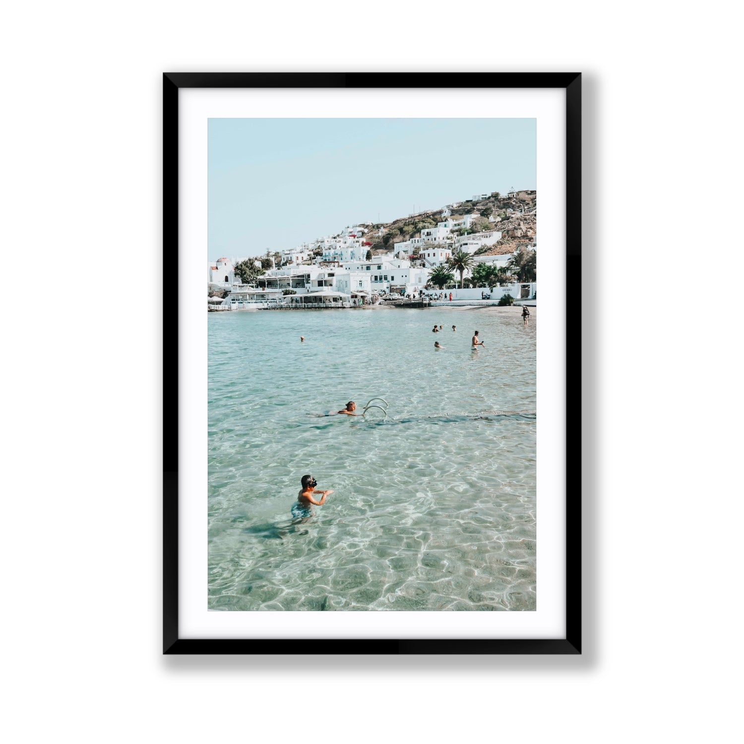 Beside The Seaside Mykonos beach Greek island wall art Giant fine art print in black frame with matboard