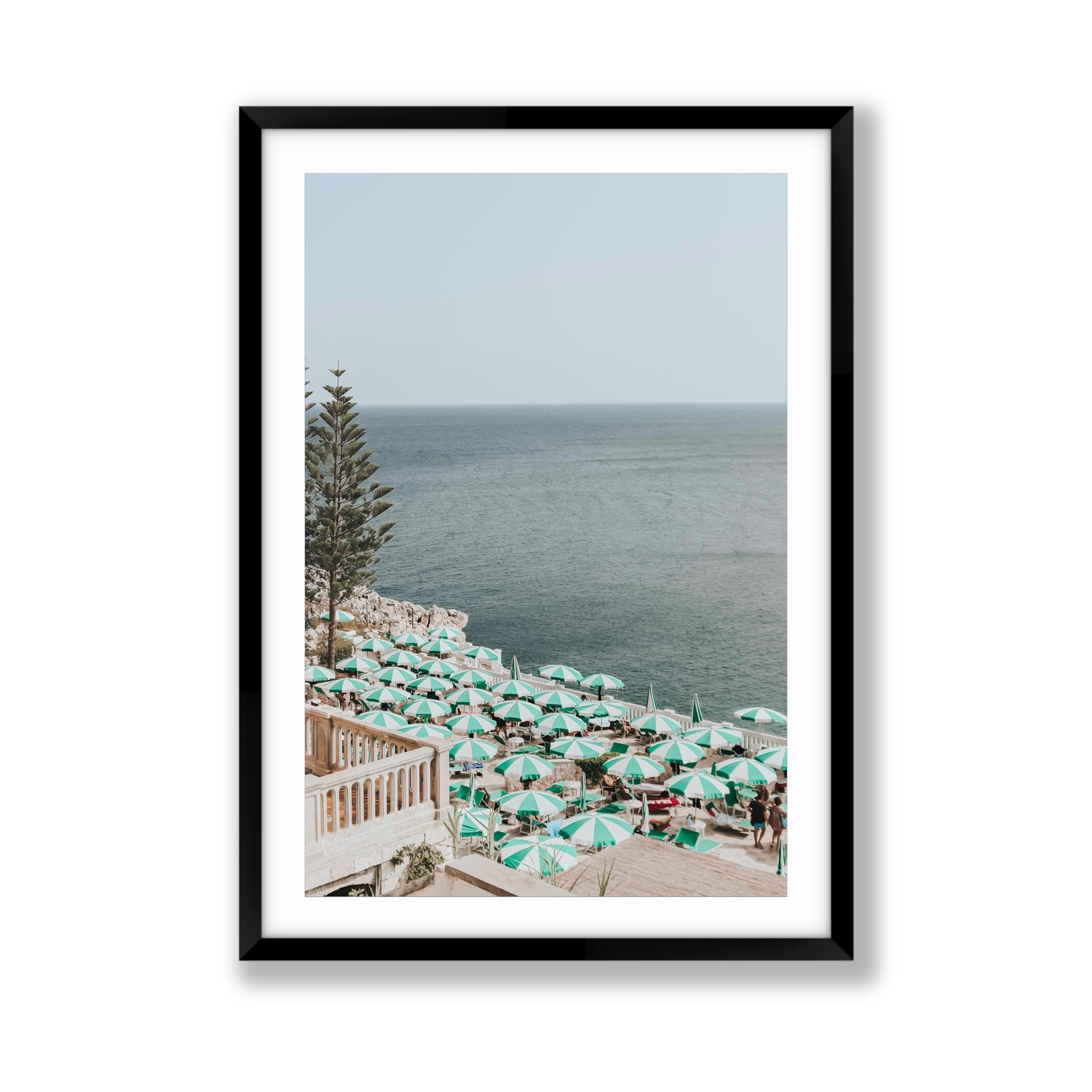 Sun-drenched Stripes Puglia beach coastal wall art Giant fine art print in black frame with matboard