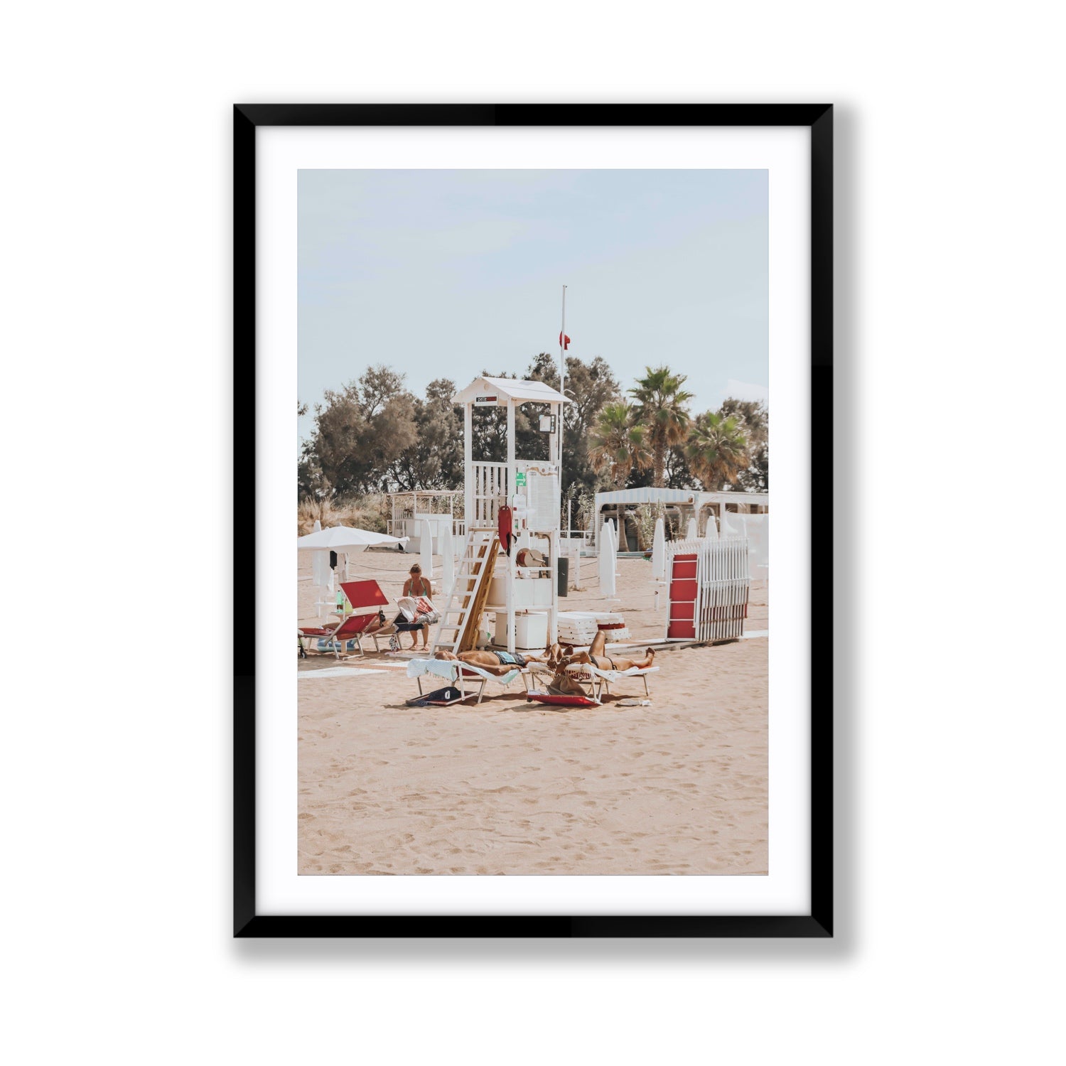 Red Lounge Reverie Puglia beach coastal wall art Giant fine art print in black frame with matboard