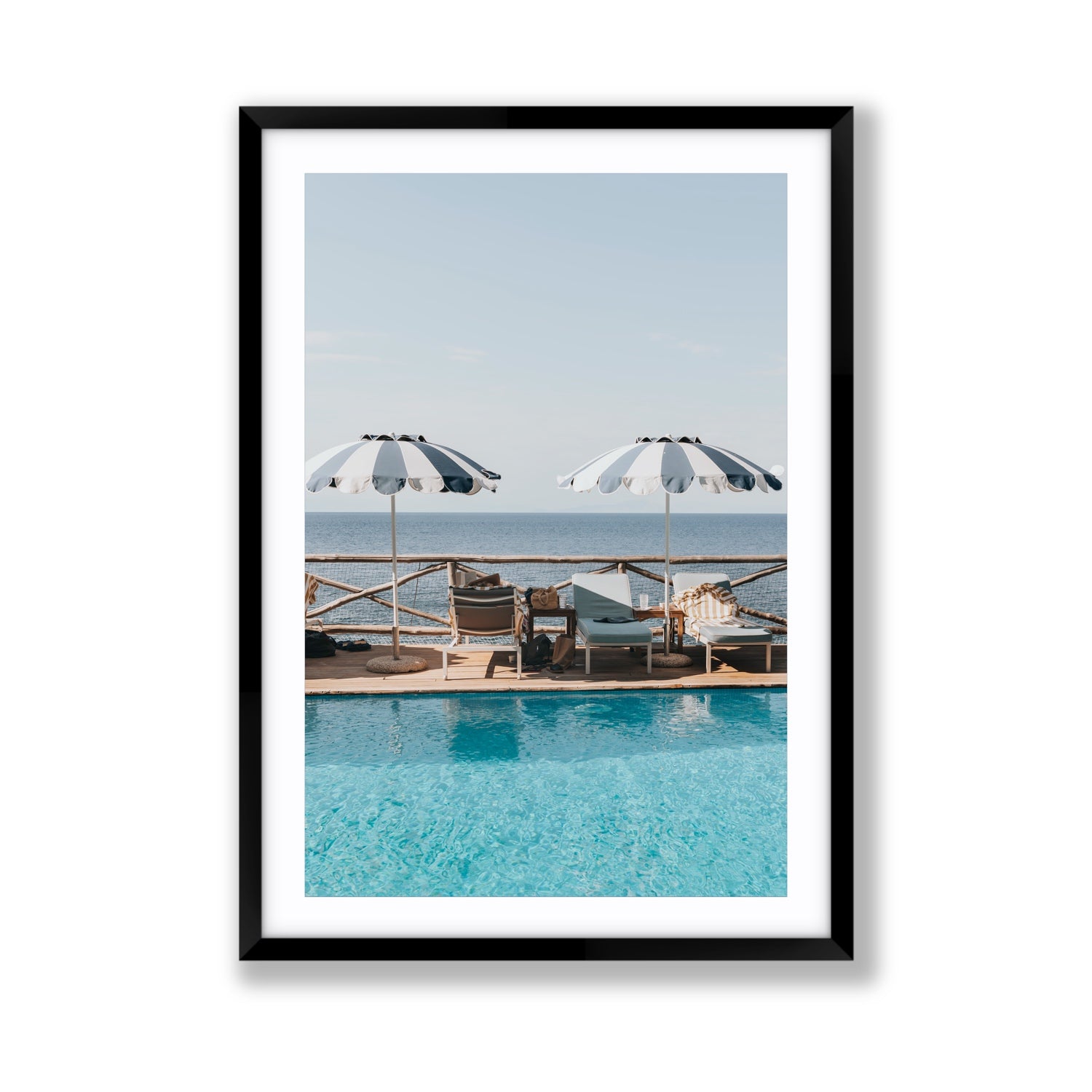 Beach Retreat fine art print, Ischia, Italy, european beach clubs artwork, Giant, Black Frame · Matboard, Fine Art Print