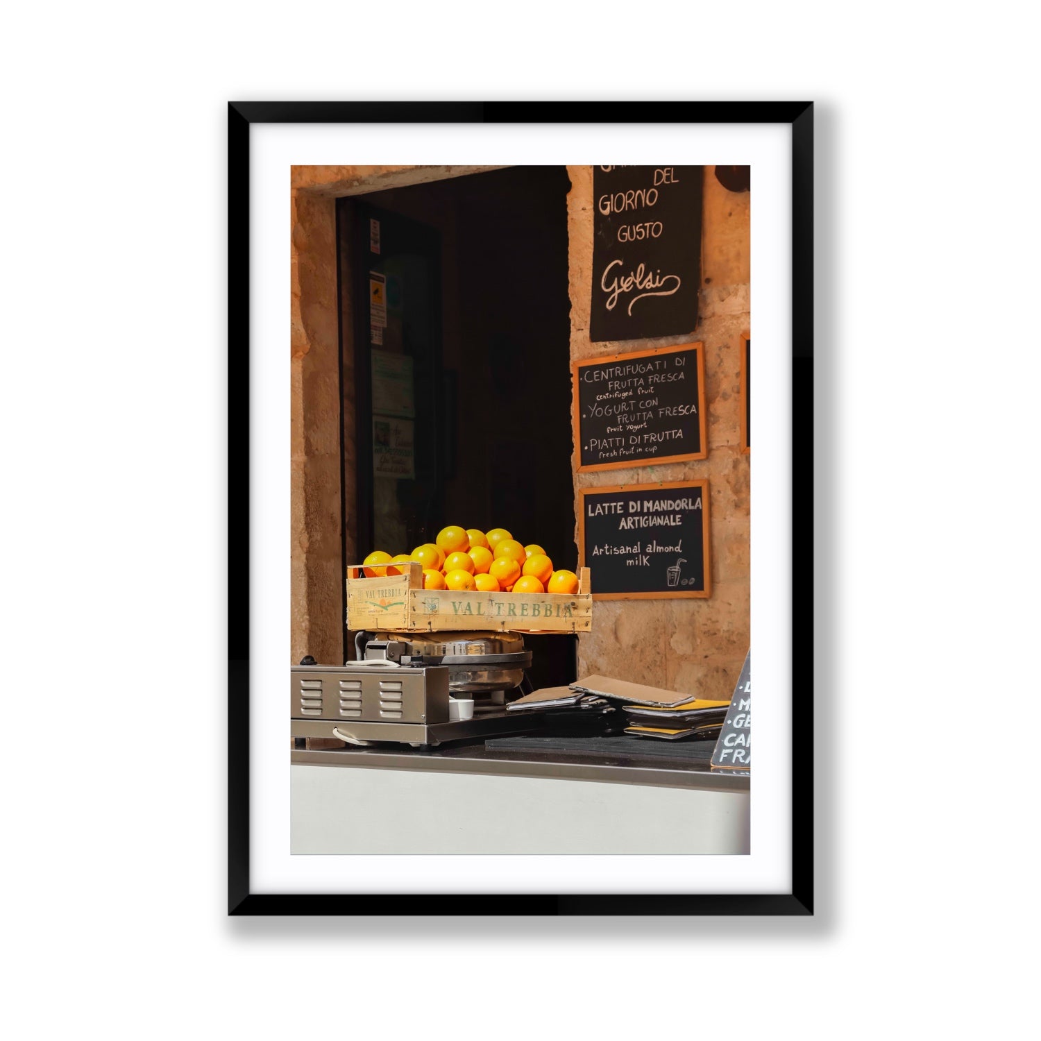 Luminous Citrus Puglia Ostuni Italian wall art Giant fine art print in black frame with matboard
