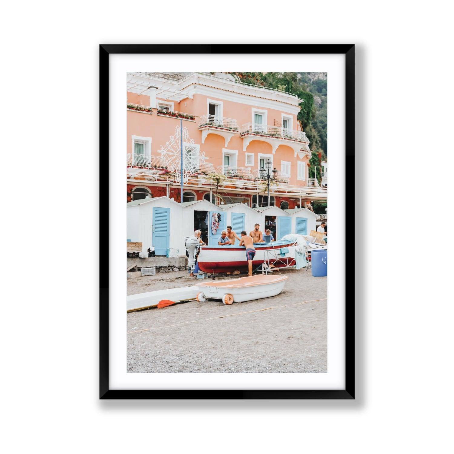 La Riunione della Mattina fine art print, Positano, Italy, Giant, Black Frame · Matboard, Fine Art Print