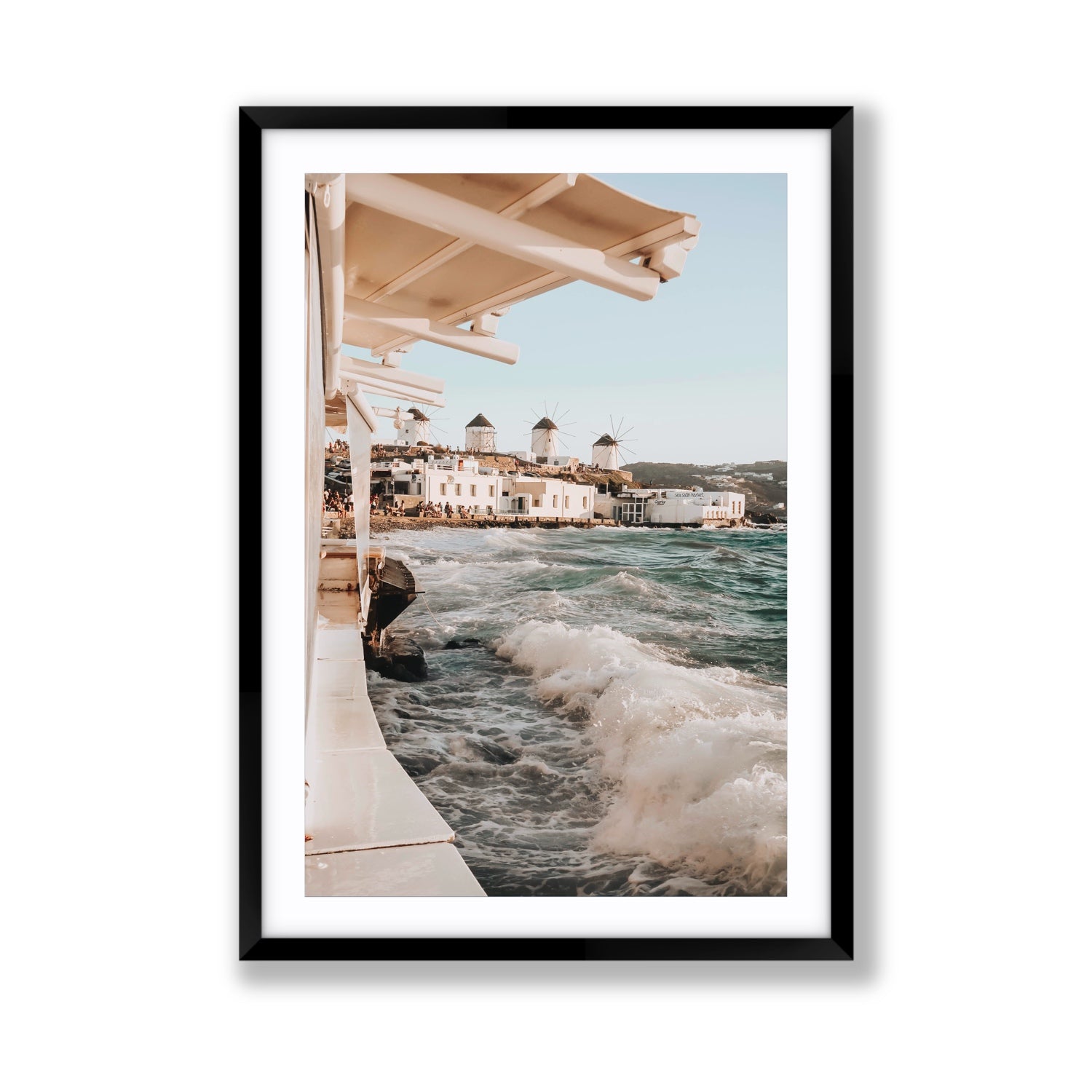 Windmills Mykonos Greek island wall art Giant fine art print in black frame with matboard