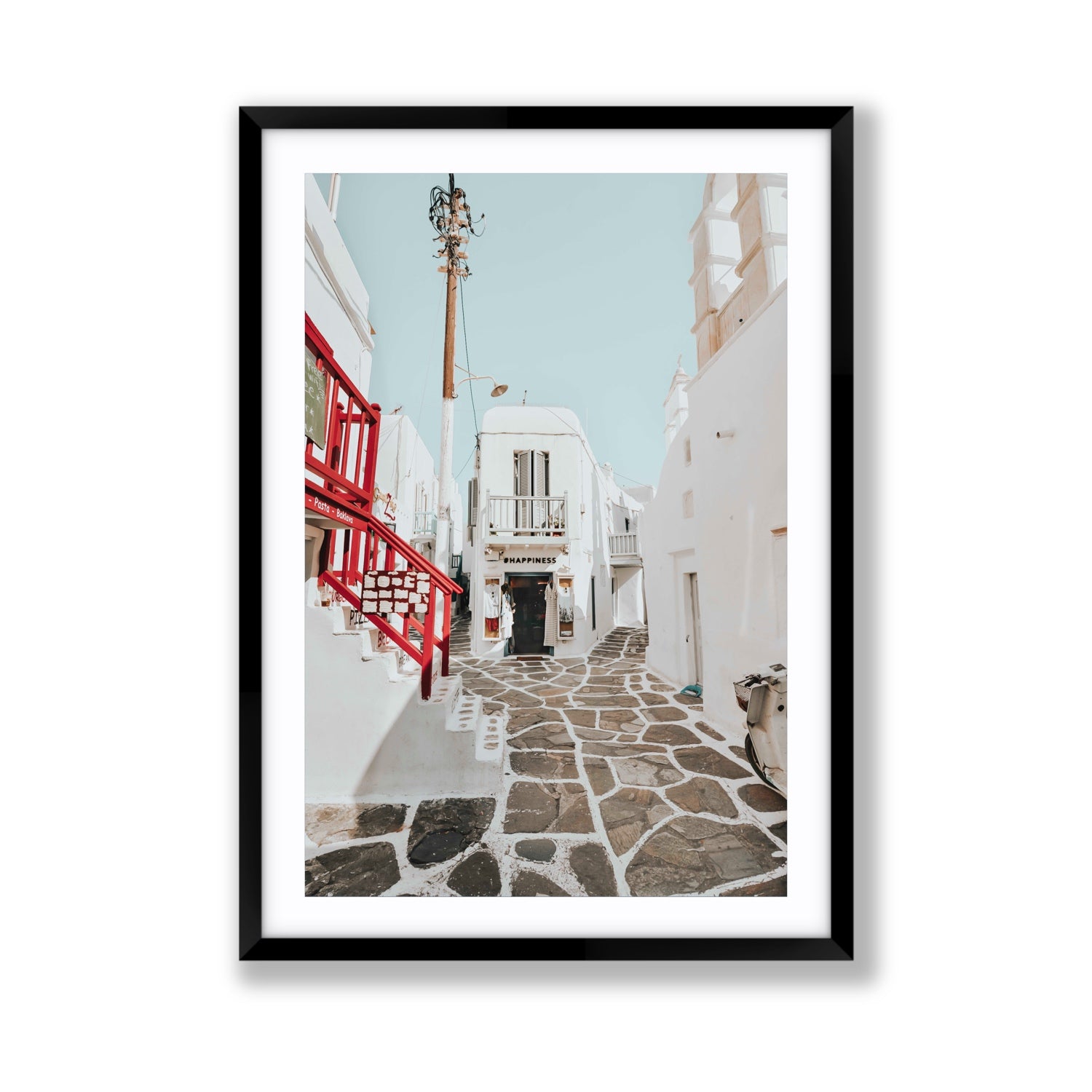 Happiness Mykonos Greek island wall art Giant fine art print in black frame with matboard
