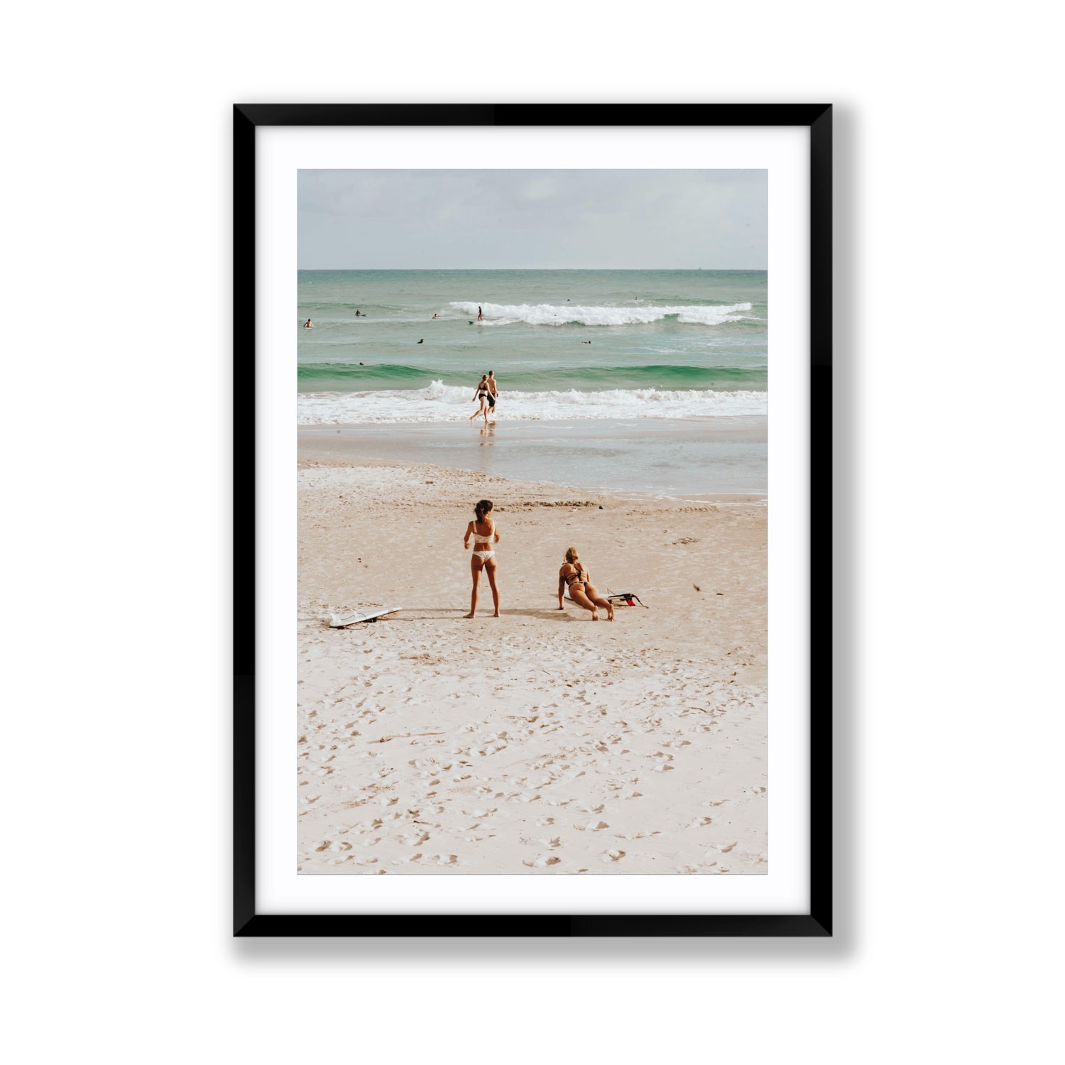 Gidget & Betty Byron Bay beach coastal wall art Giant fine art print in black frame with matboard