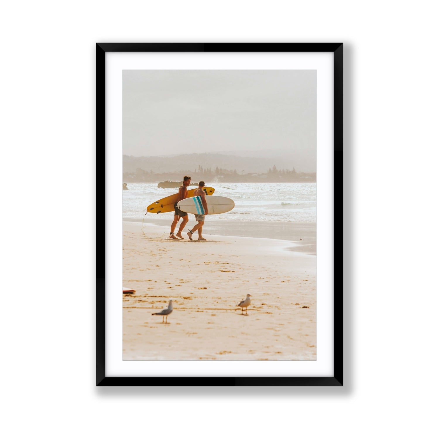 Shane & Benji Byron Bay Surf coastal wall art Giant fine art print in black frame with matboard