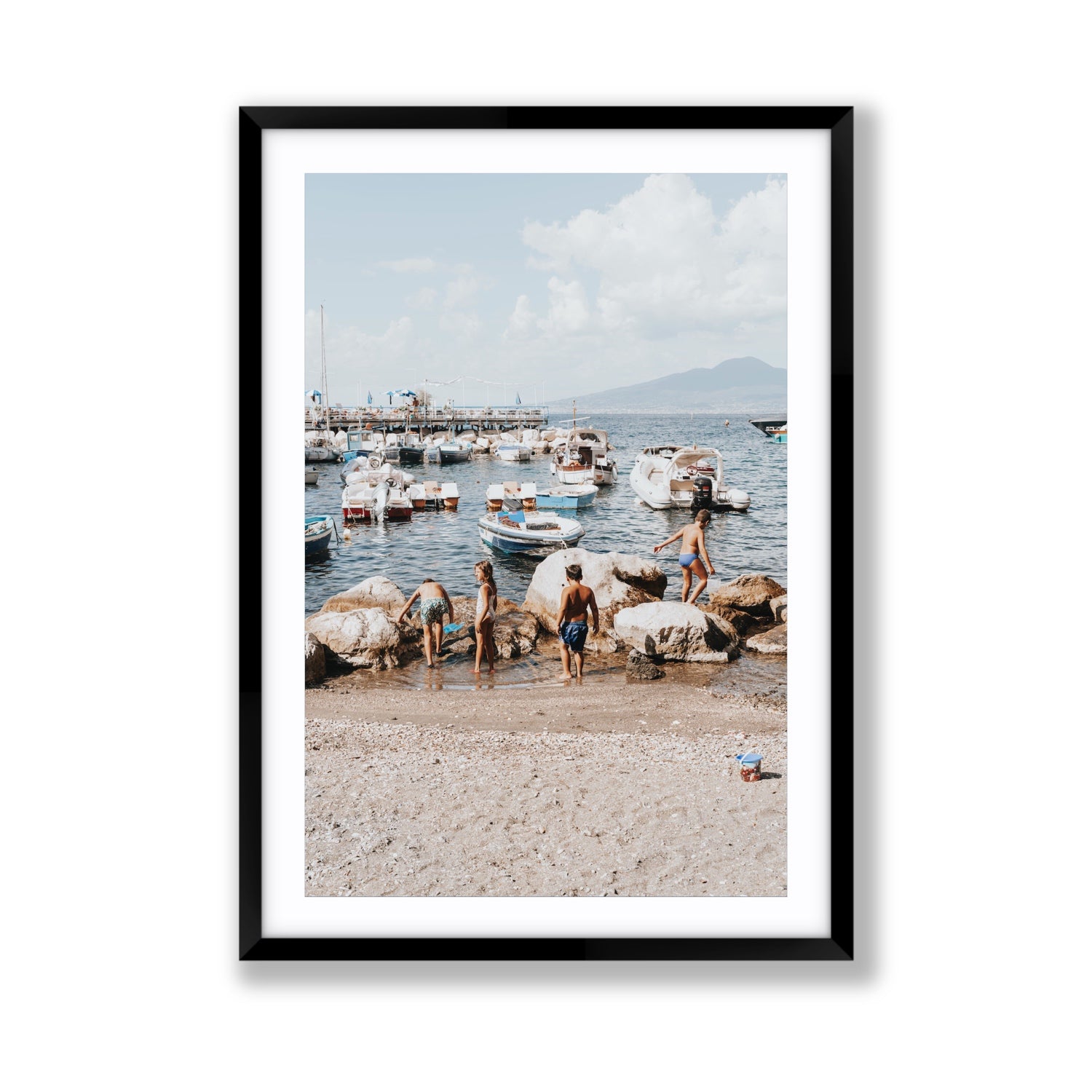 Searching For Treasures Sorrento coastal wall art Giant fine art print in black frame with matboard