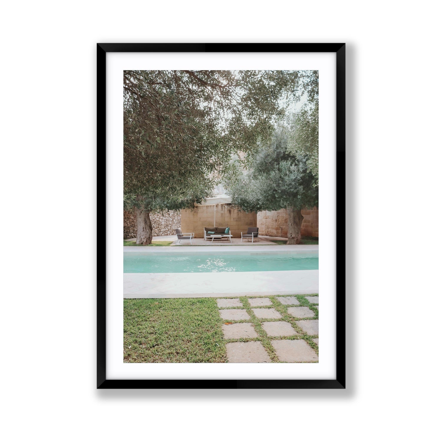 Idyllic Escape Puglia Mediterranean wall art Giant fine art print in black frame with matboard