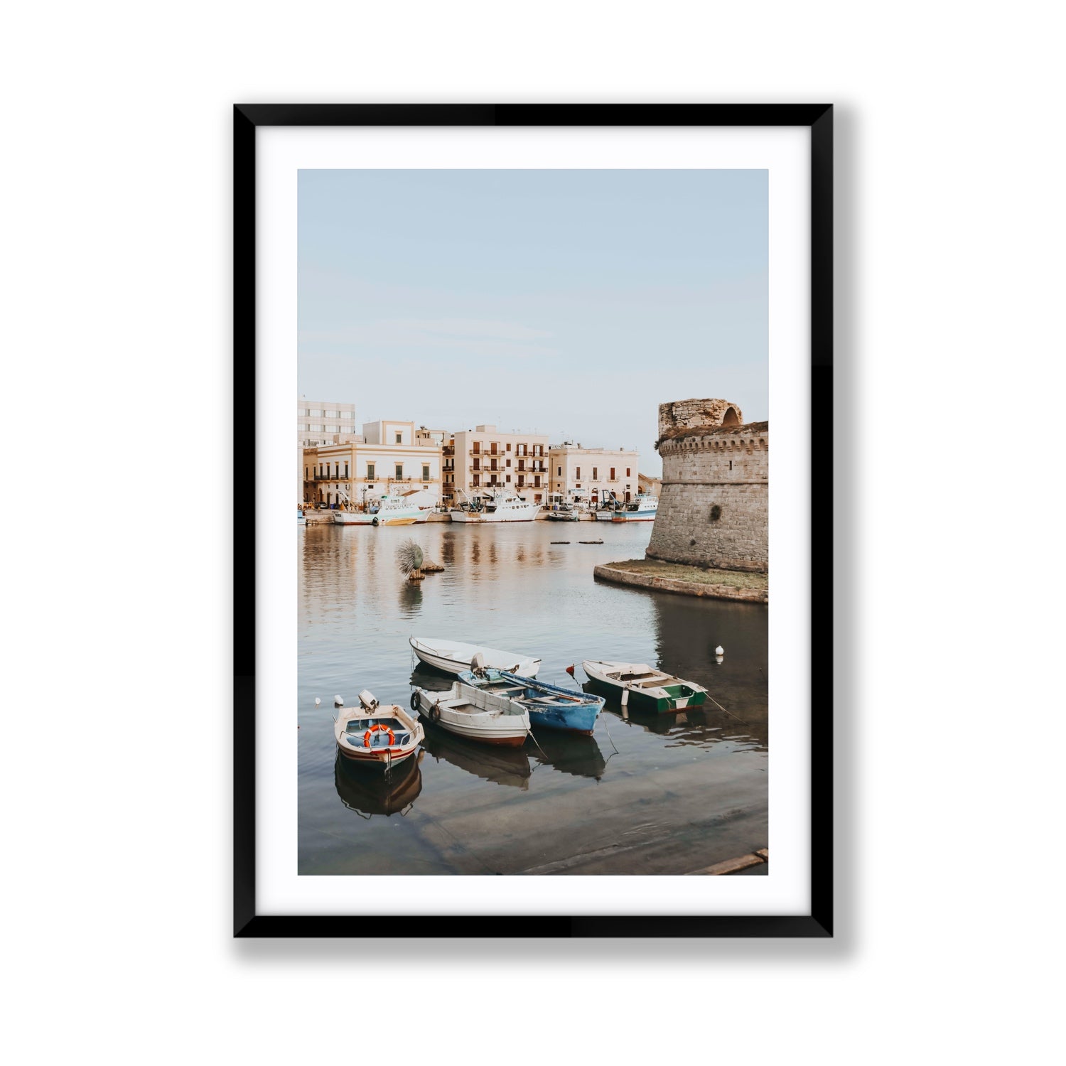 Gallipoli Harbour Puglia coastal wall art Giant fine art print in black frame with matboard