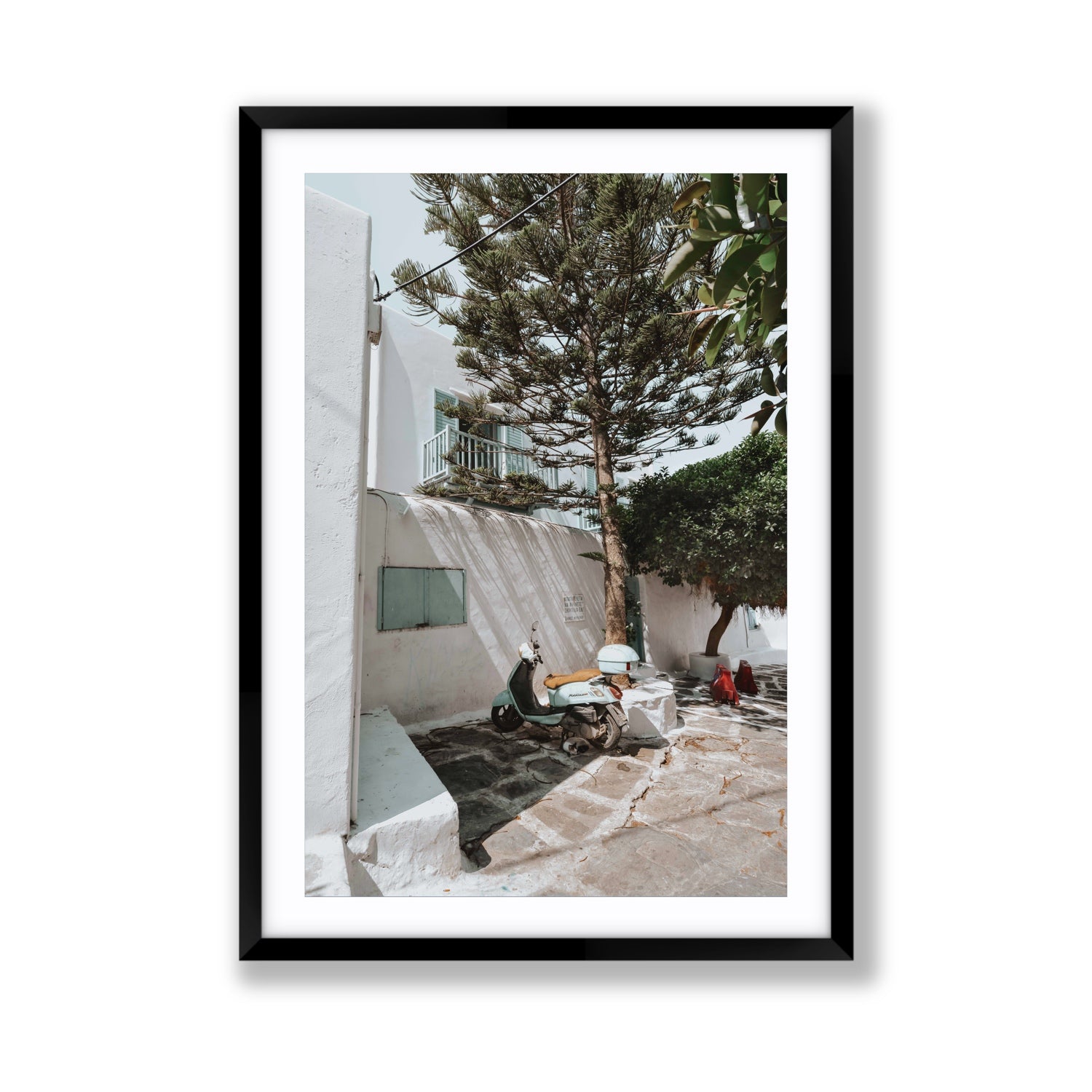 The Getaway Mykonos Mediterranean Greek island art print Giant fine art print in black frame with matboard