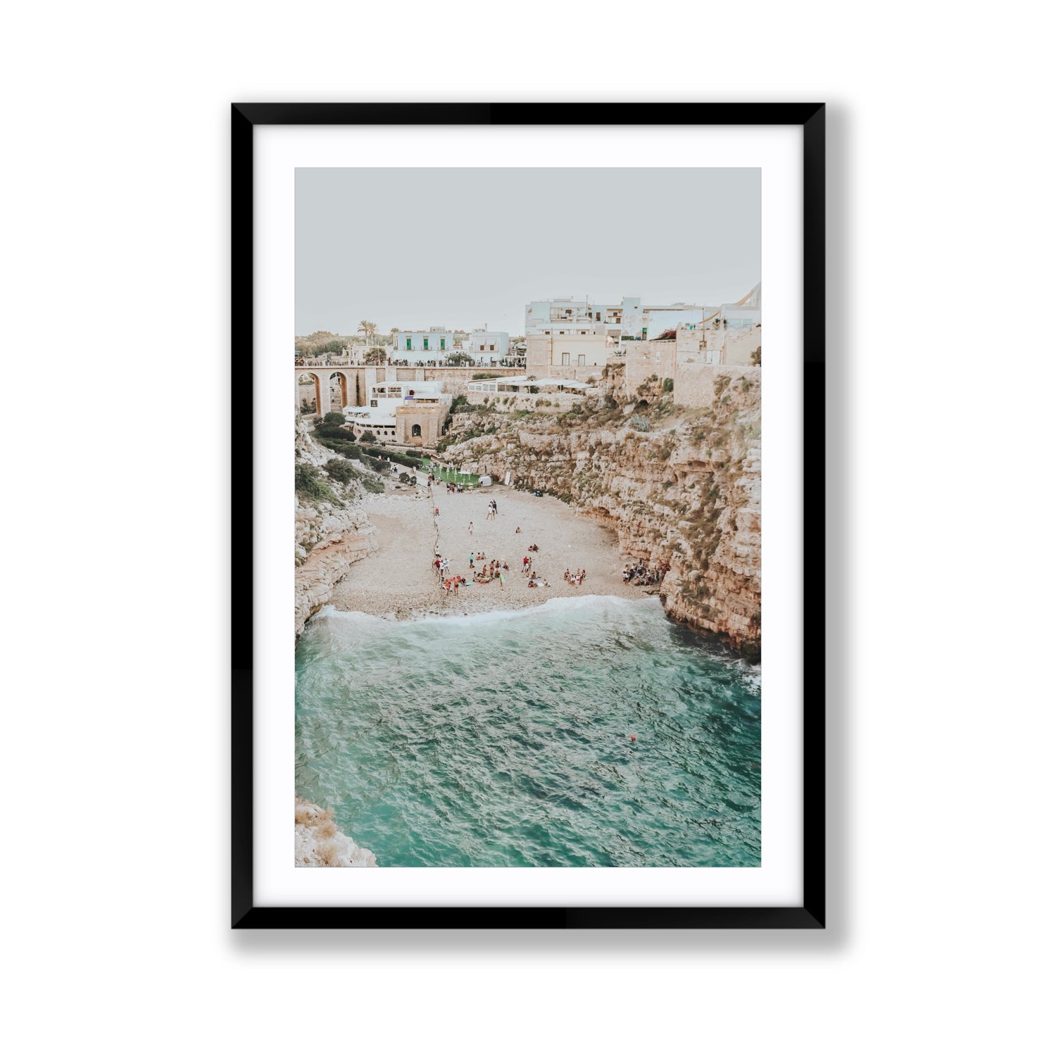 Polignano Vista Puglia coastal Italian beach fine art print Giant fine art print in black frame with matboard