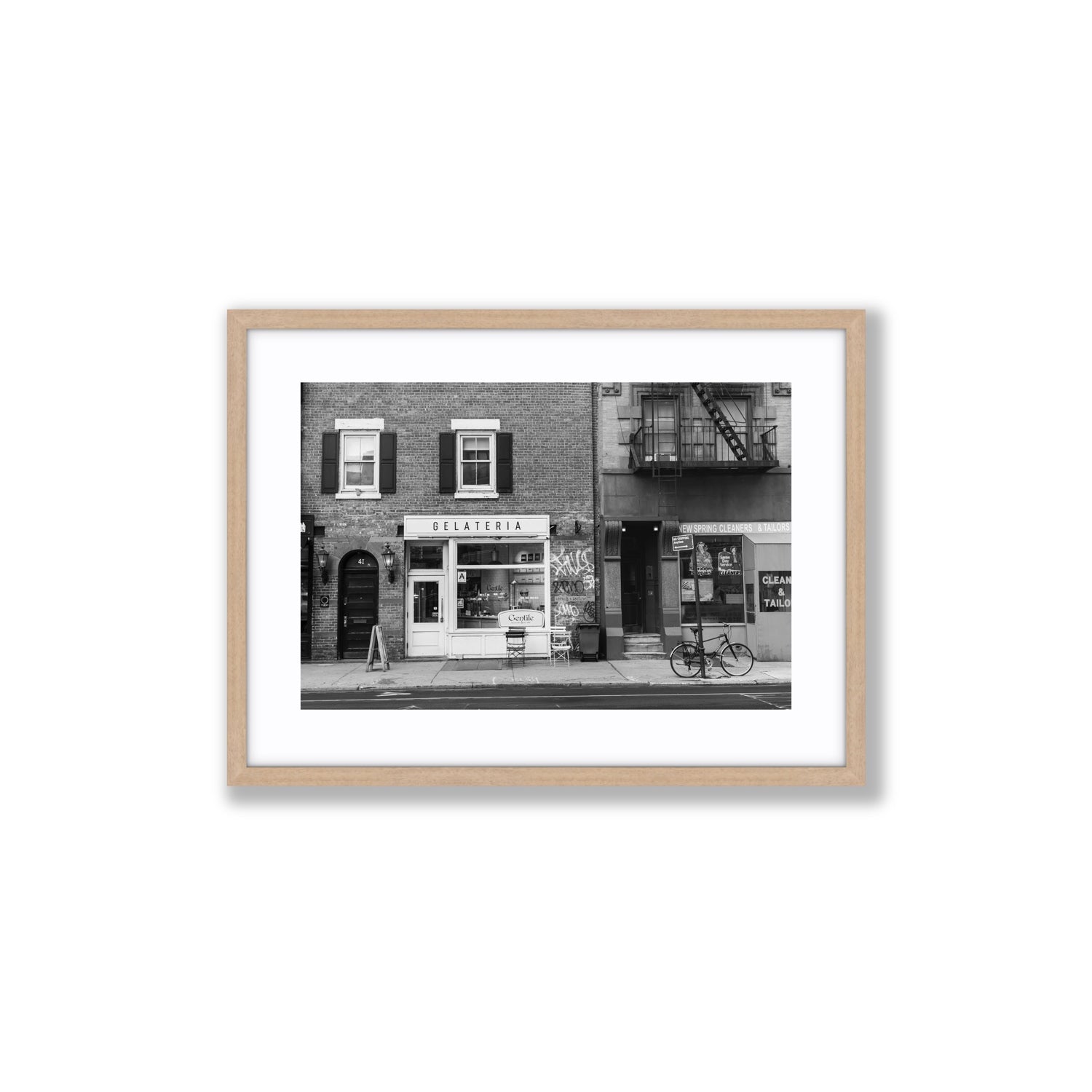 West Village Dolcezza New York NYC Black & White wall art Medium fine art print in natural oak frame with matboard
