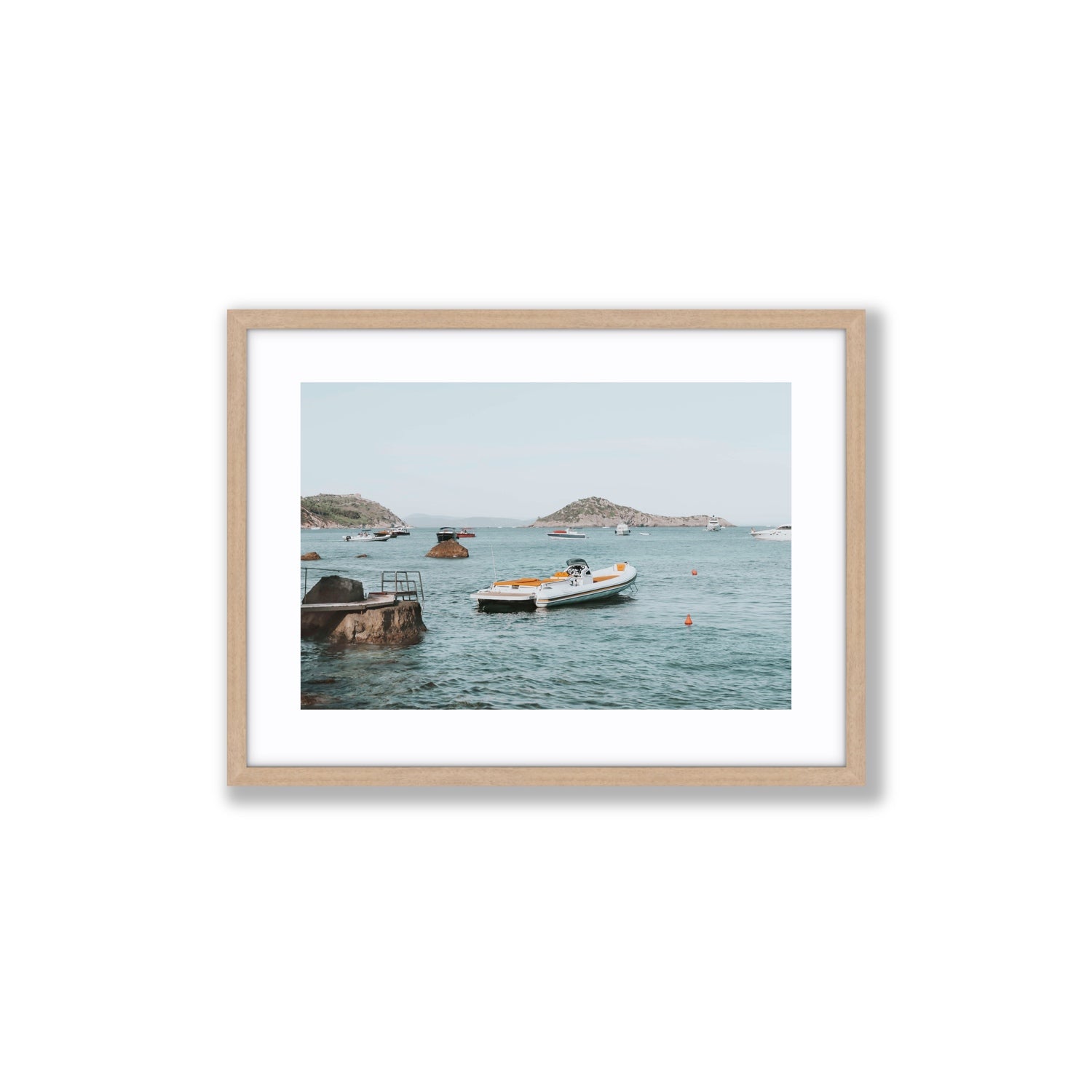 The Azure Sea Tuscany coastal Italian wall art Medium fine art print in natural oak frame with matboard