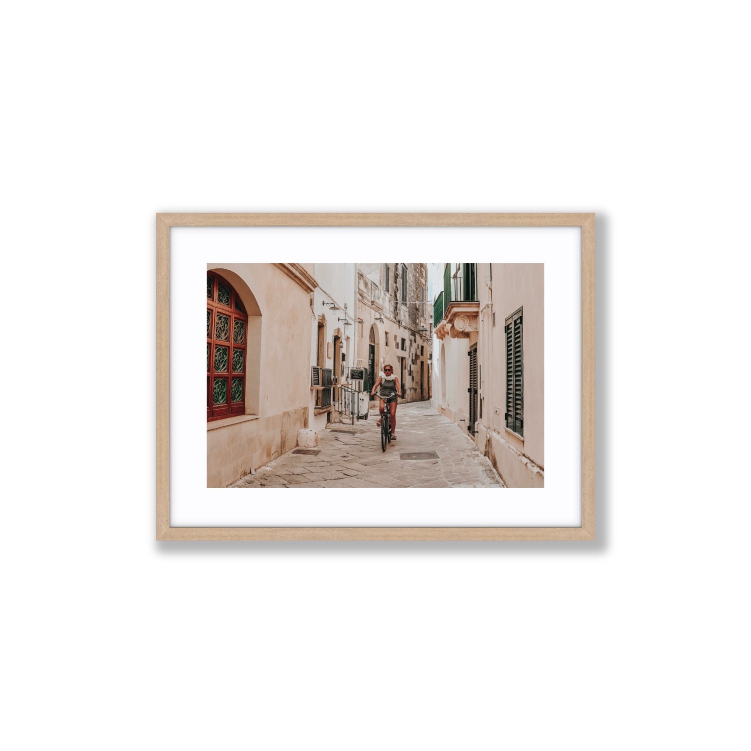 La Donna In Bicicletta Puglia Wall Italian fine art print Medium fine art print in natural oak frame with matboard