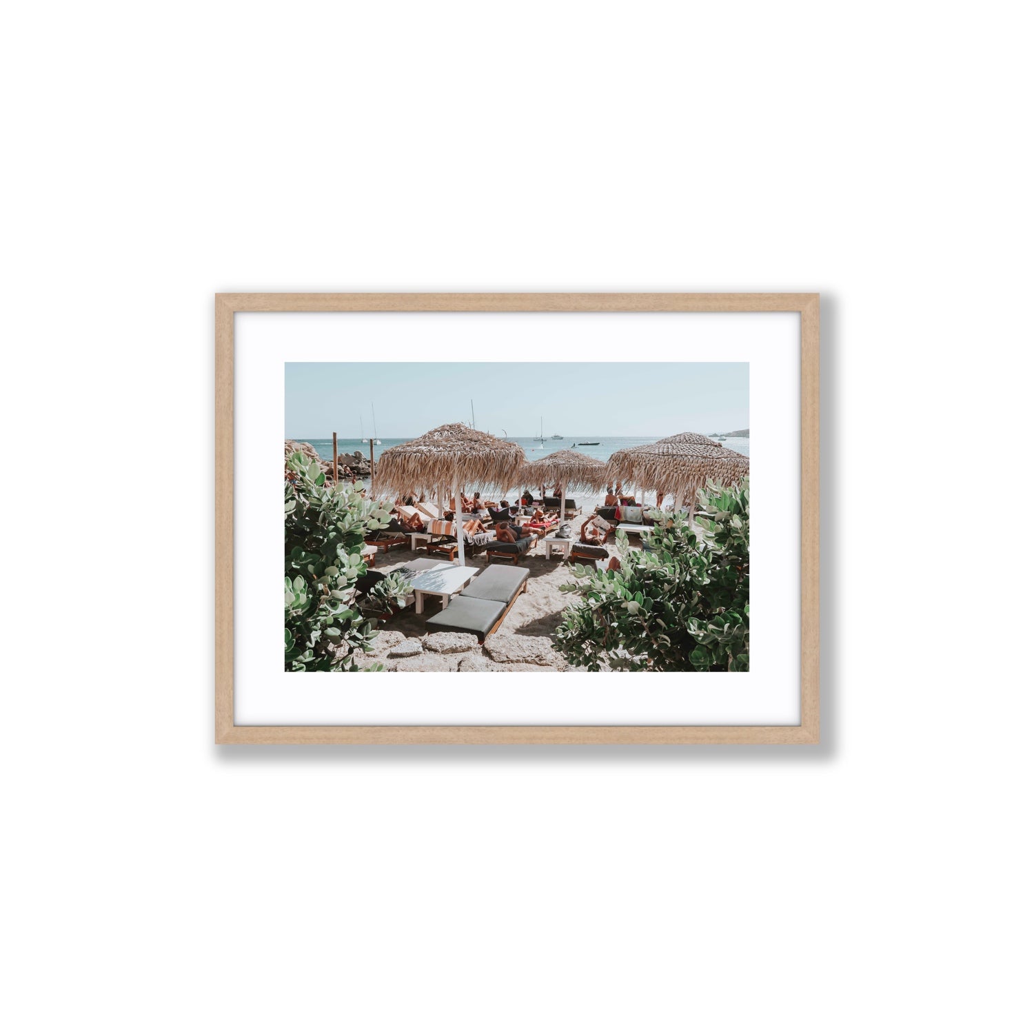 Greek Haven Mykonos Greek island coastal wall art Medium fine art print in natural oak frame with matboard