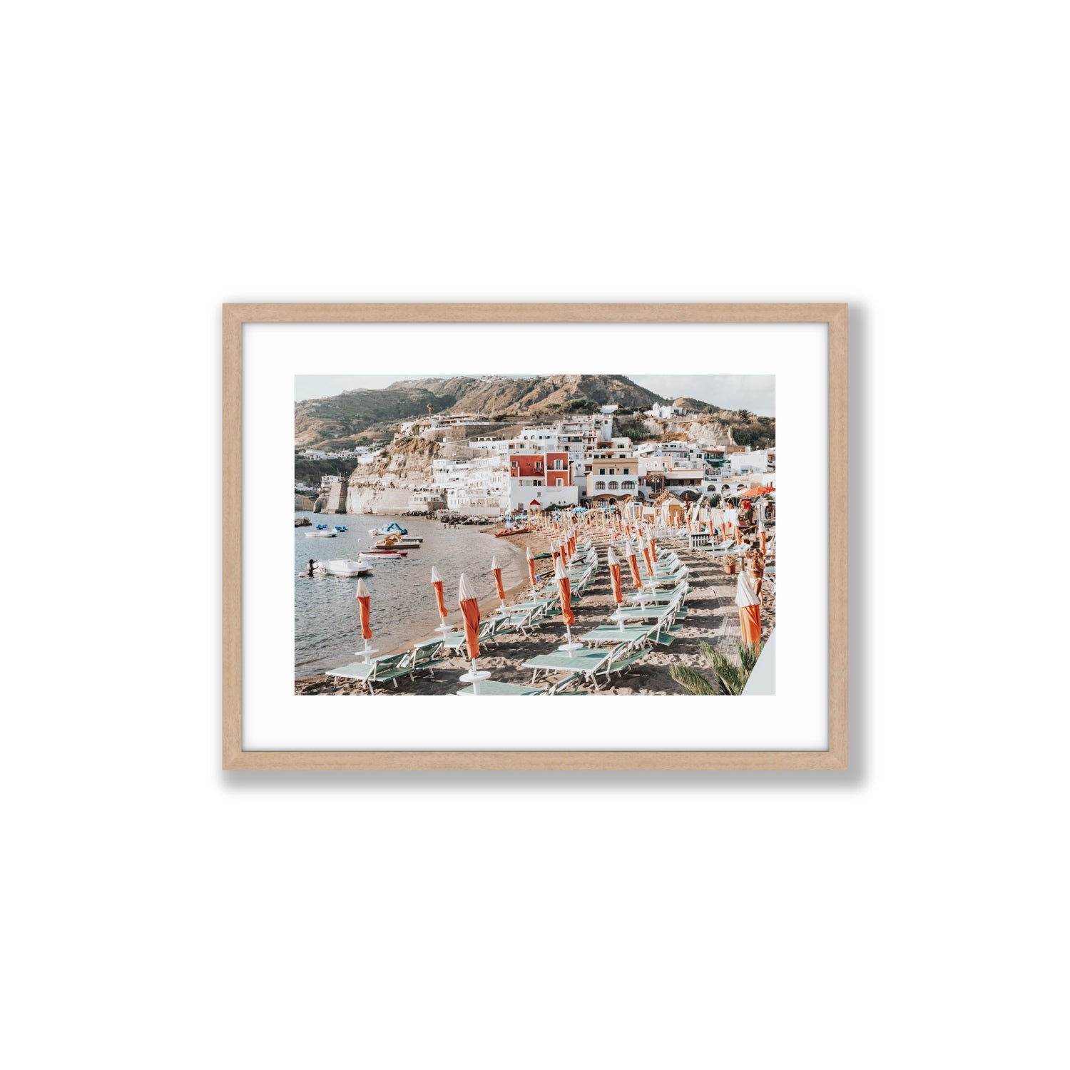 Sole Estivo Ischia Italian coastal wall art Medium fine art print in natural oak frame with matboard