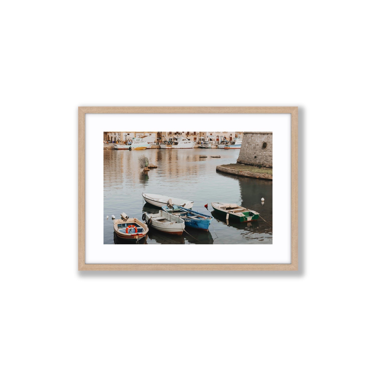 Cinque Barche Puglia Gallipoli Italian art print Medium fine art print in natural oak frame with matboard