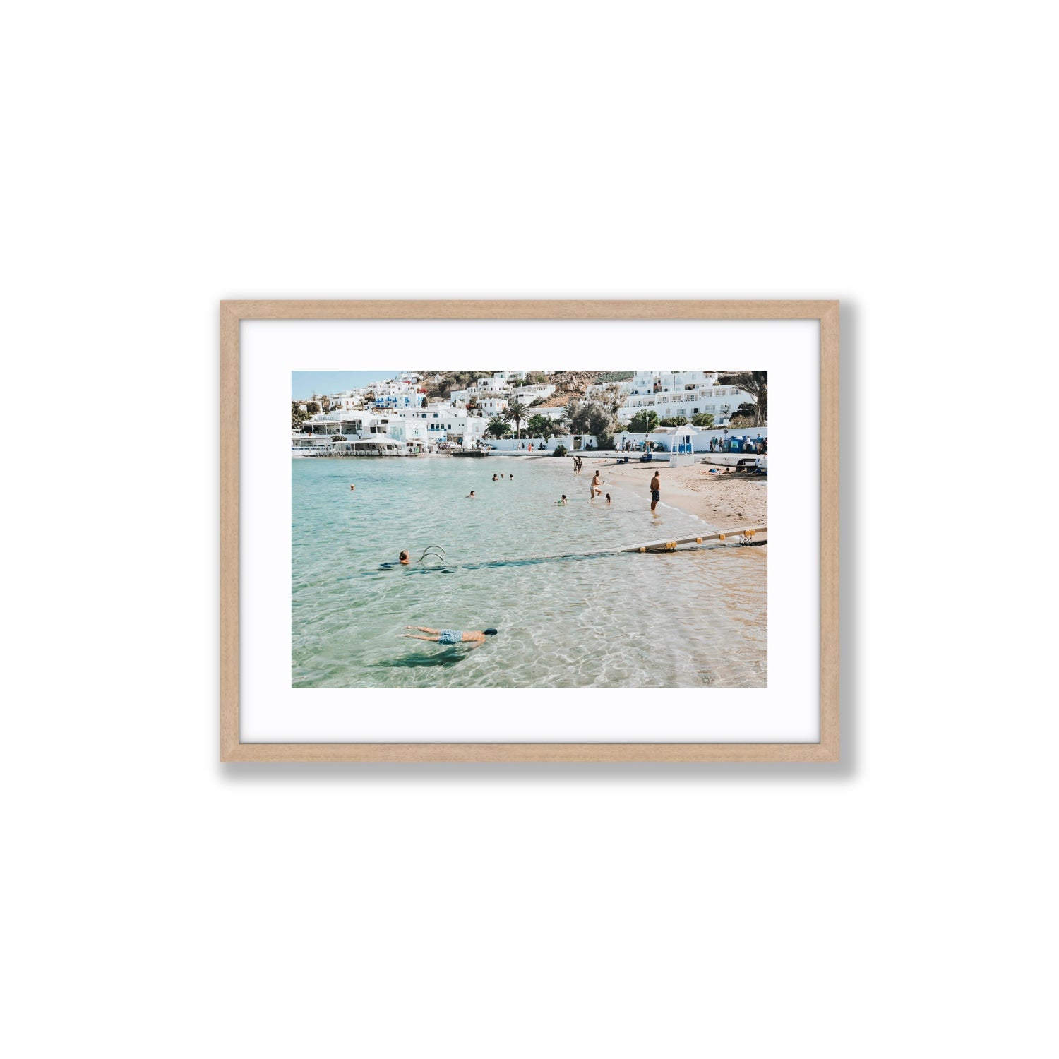 Bathe Yourself In Beauty Mykonos Greek island wall art Medium fine art print in natural oak frame with matboard
