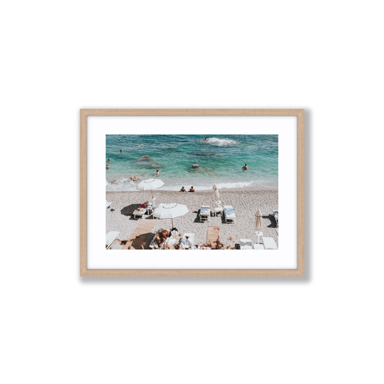 Amicizia Amalfi Italian beach wall art Medium fine art print in natural oak frame with matboard