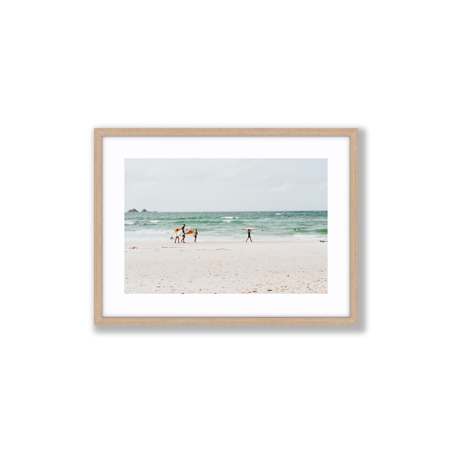 La Famiglia Byron Bay Family Surf coastal wall art Medium fine art print in natural oak frame with matboard